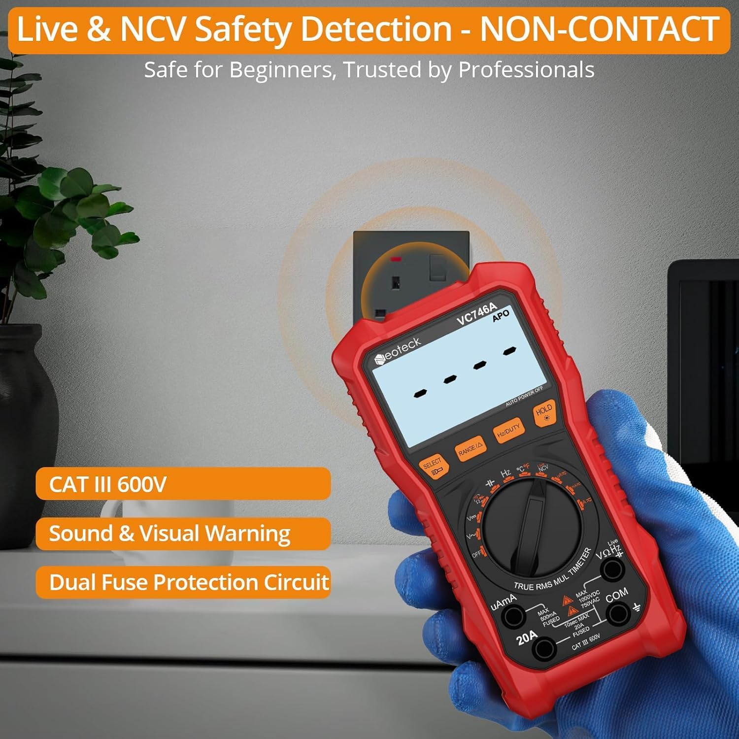 Neoteck 6000 Counts Digital Multimeter for DC AC Voltage/Current TRMS Voltmeter with Test Probe Auto Range Multimeter with NCV Live for Temperature Capacitance Resistance Diode Continuity Red