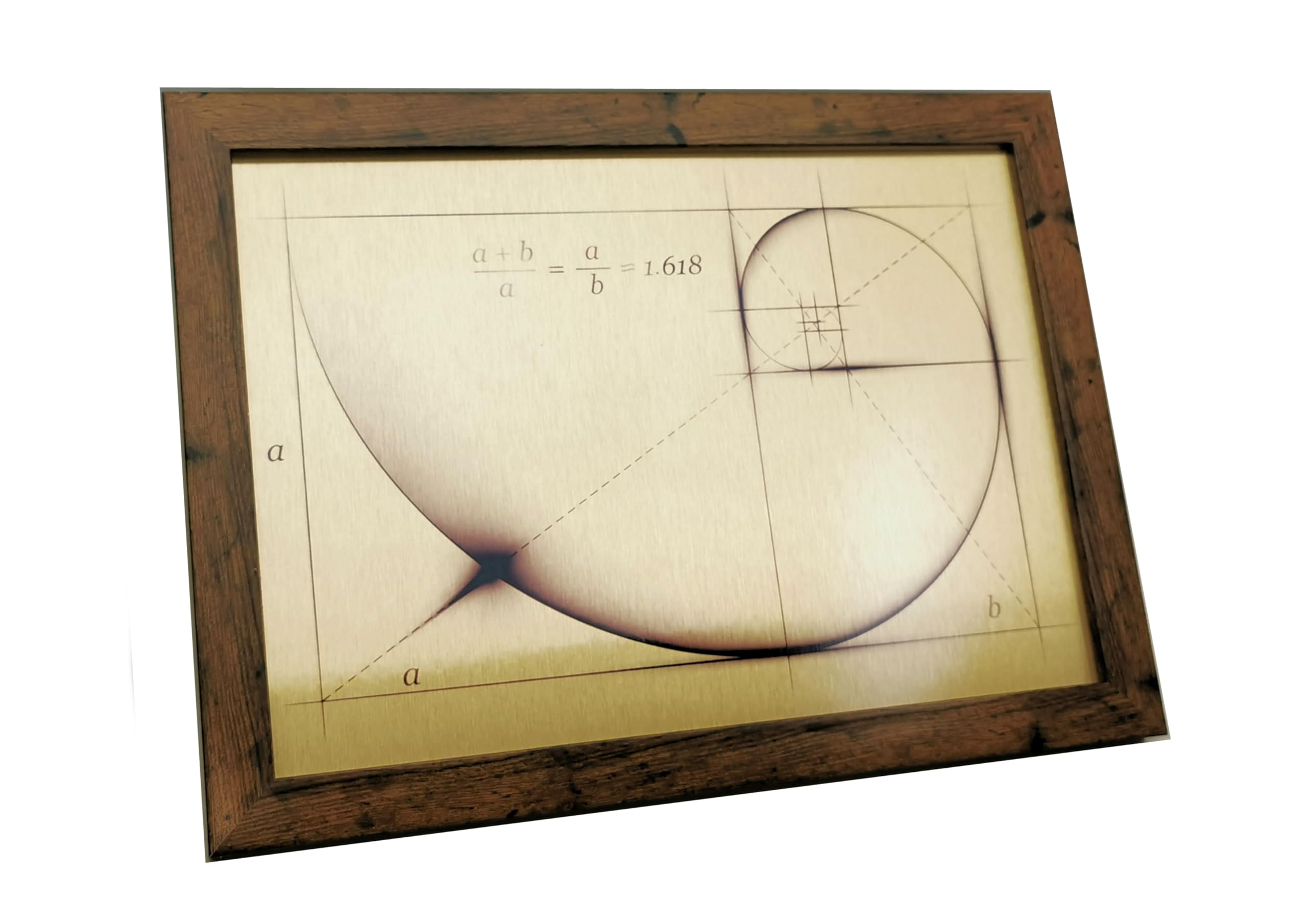 AGS-Designs Fibonacci Golden Ratio WALL ART - Print on brushed gold metal complete with dark wood effect frame