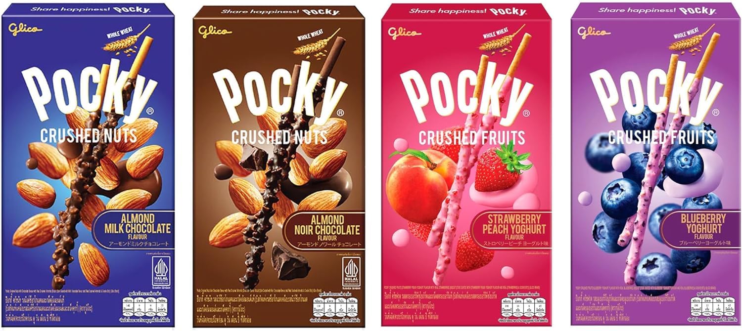 Pocky Crushed Fruits and Nuts Pack (4 packs) - Blueberry Yoghurt, Strawberry Peach Yoghurt, Almond Milk Chocolate, Almond Noir Chocolate