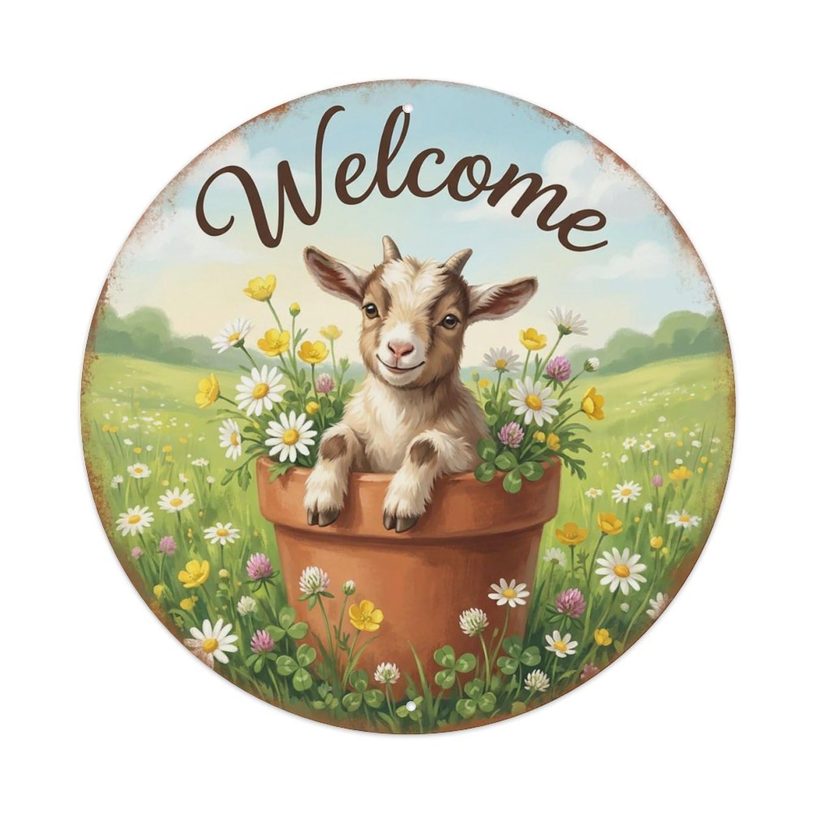 Welcome Goat Meadow Daisies Vintage Metal Tin Sign Plaque Wall Decor for Cafe, Club Bar, Office, Garden Metal Poster 8x8Inch