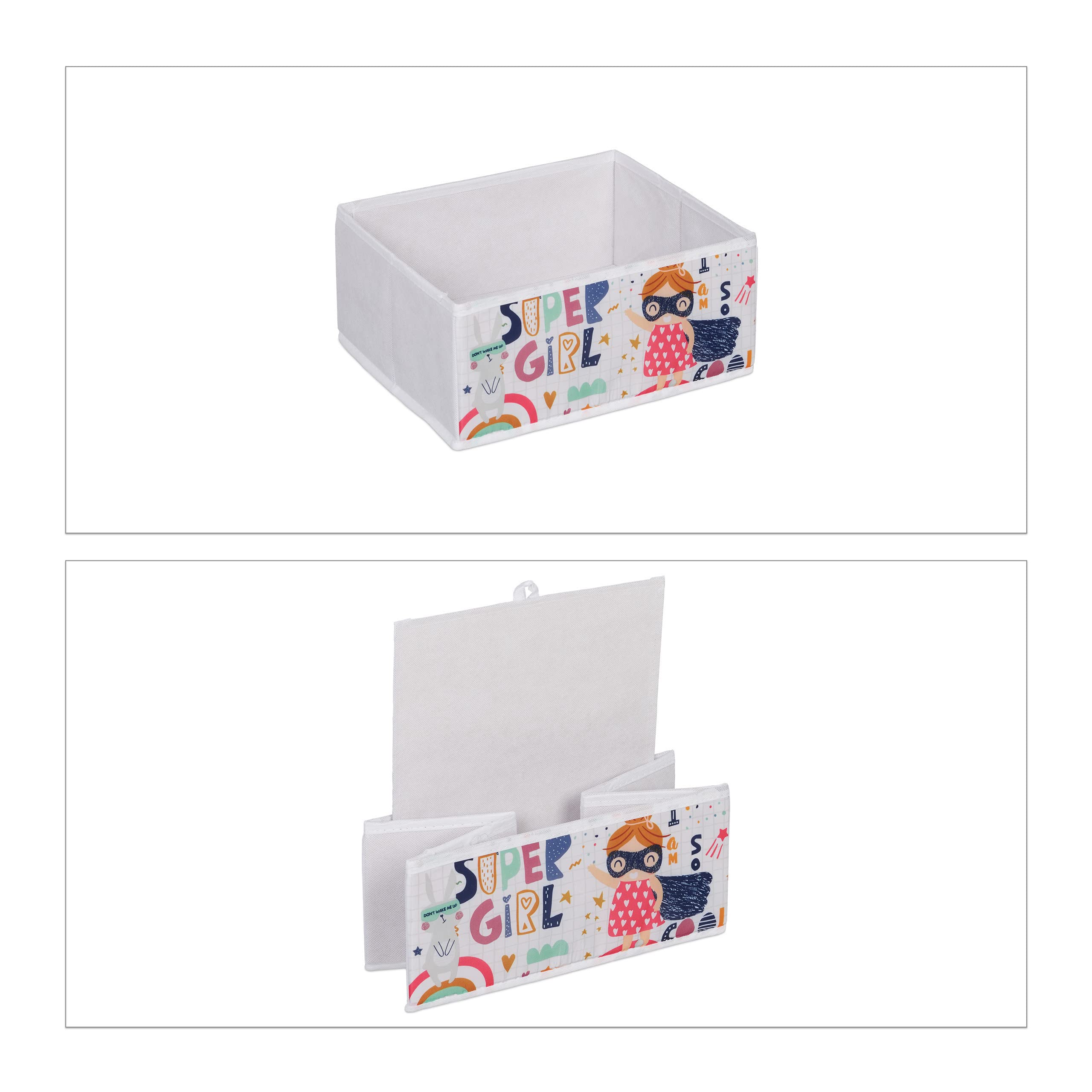 Relaxdays Estantería Infantil con 6 Cajas, 66x63x30 cm, Organizador Juguetes Superheroína, Mueble Juguetero, Multicolor