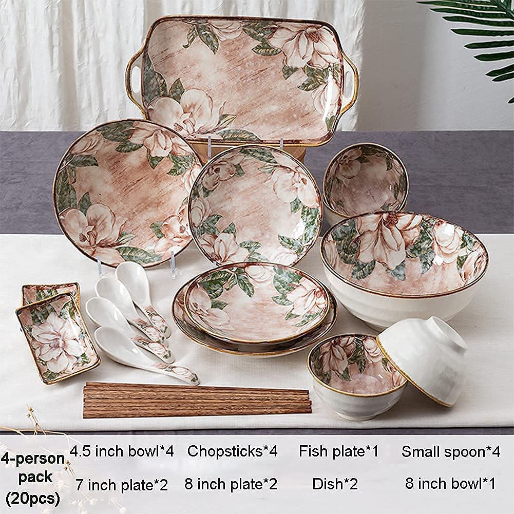20-częściowy porcelanowy zestaw zastawy stołowej – kwiatowy zestaw naczyń ceramicznych z talerzami i miseczkami do domowej kuchni – elegancka kolekcja zastawy stołowej do jadalni i rozrywki