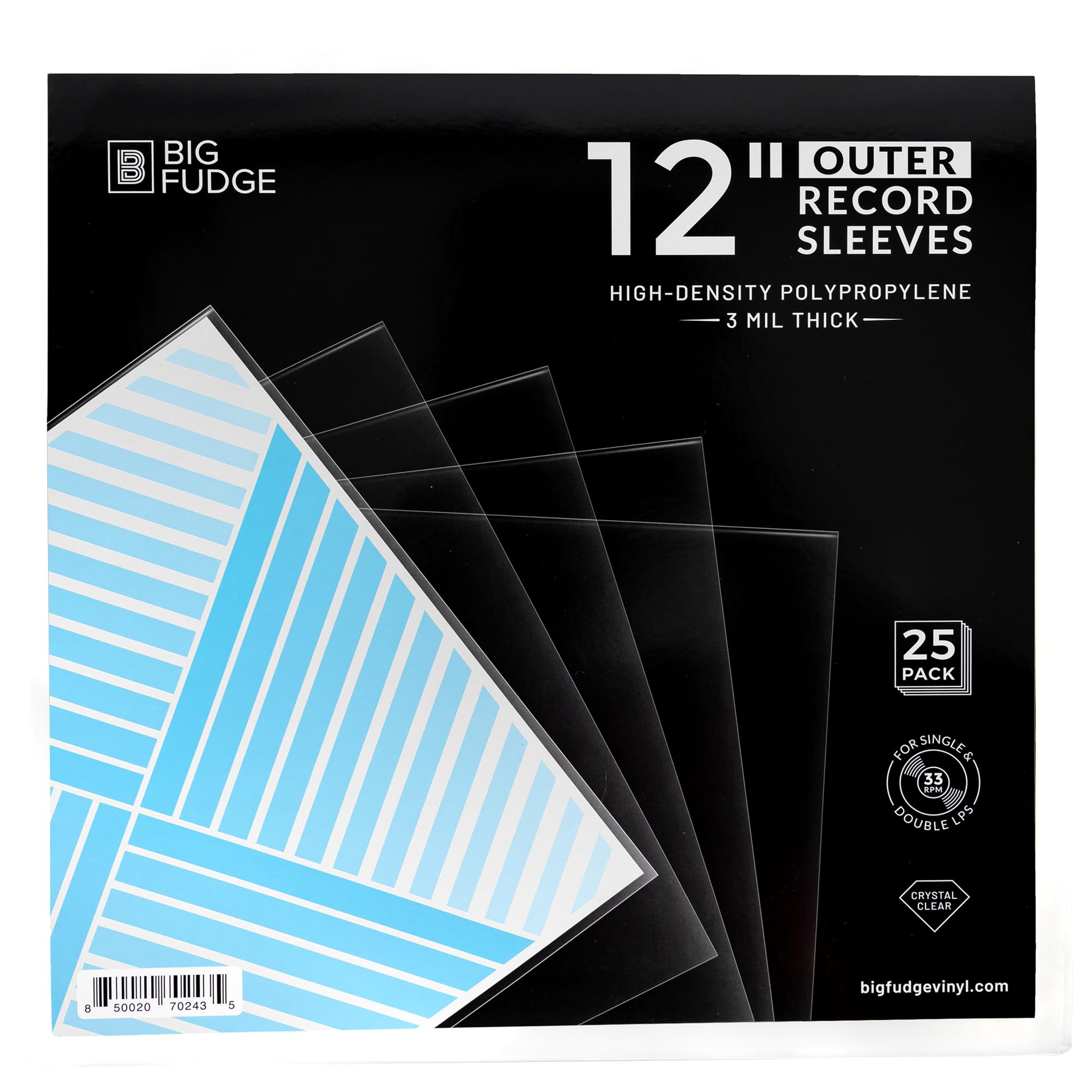 Big Fudge 12" Vinyl Record Sleeves - Outer Sleeves 25 Pack -Crystal Clear High-Density Polypropylene Vinyl Covers - Accessories Protect LP Albums from Dust, Dirt & Scratches