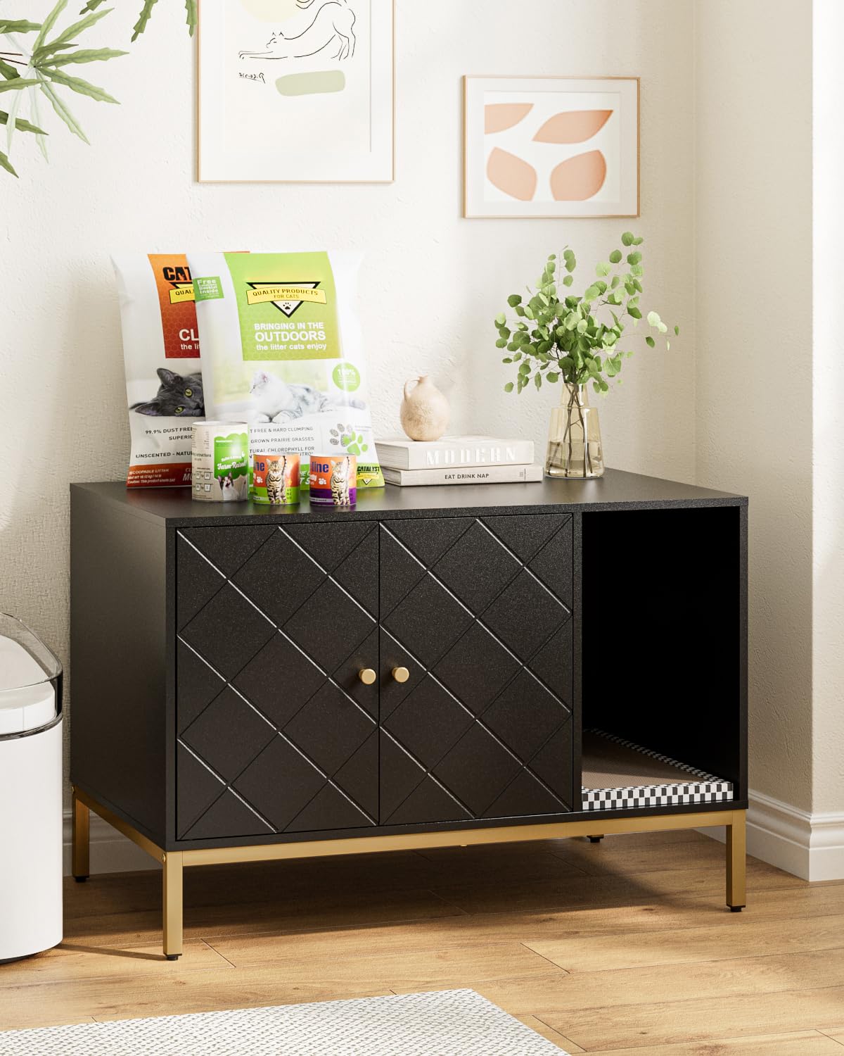 Katzenklo Schrank, Katzenkloschrank mit Doppeltüren, Katzenhaus mit Kratzmatte, hohe Beine, für Katzentoilette, Beistelltisch, 80x50x55 cm, schwarz,Überkreuzmuster