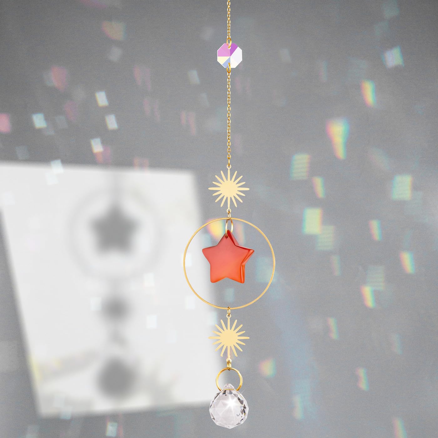 Sahoottie Carnelian Crystal Sun Catcher for Window Red Star Sun Catcher for Garden Window Hanging Crystal Rainbow