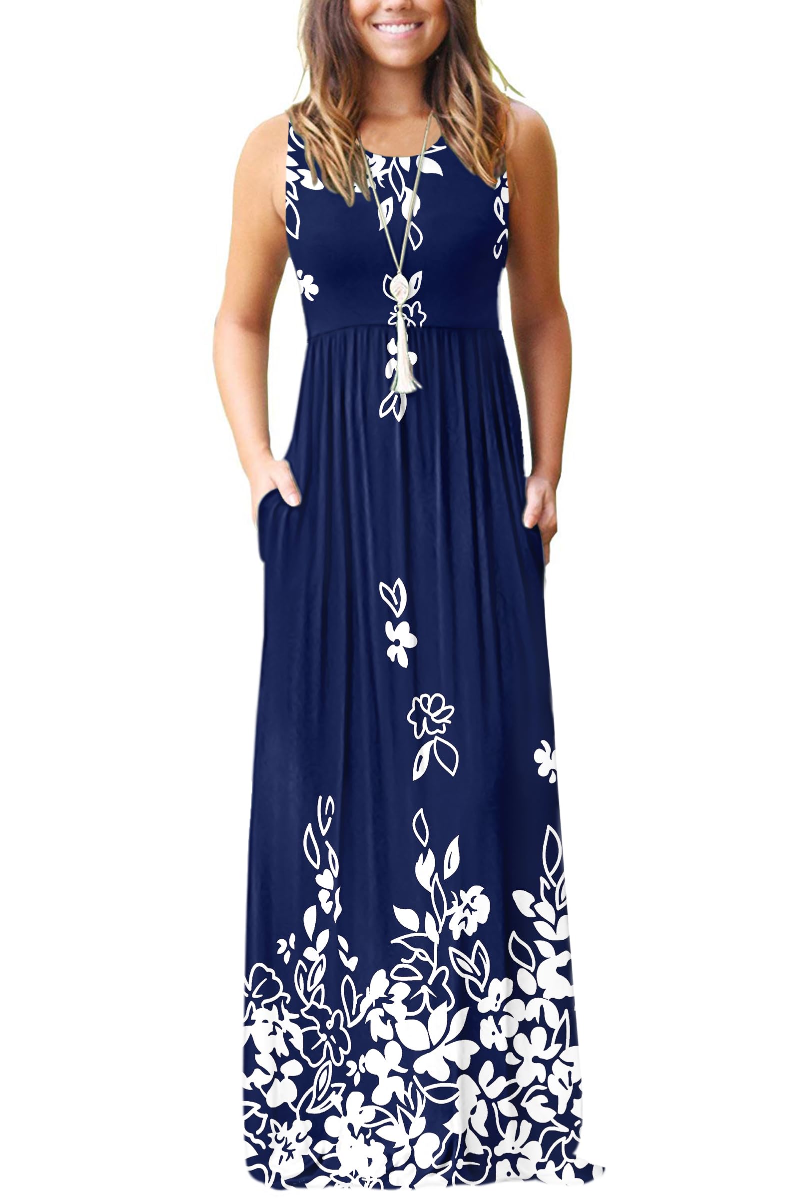 AUSELILY Women's Summer Sleeveless Loose Plain Casual Long Maxi Dresses | Year Round wear solid floral print, Casual daily wear, Empire waist, Floor length, Side pockets New