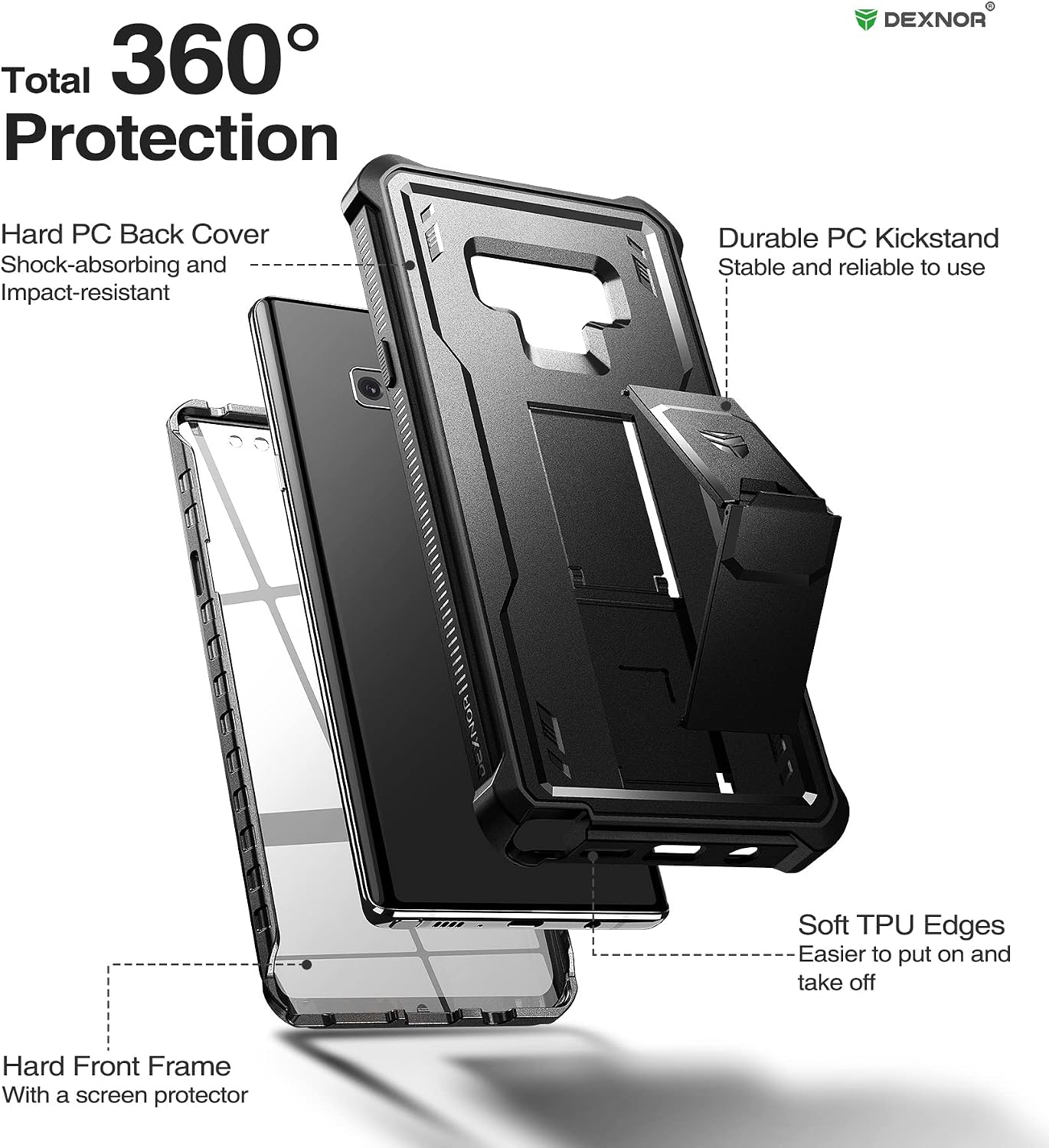 Dexnor Full Body Case for Samsung Galaxy Note 9/6.4 inches, [Built in Screen Protector and Kickstand] Heavy Duty Military Grade Protection Shockproof Protective Cover for Galaxy Note 9,Black