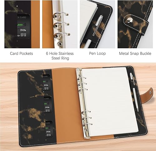 Miniatura 3 de FYY Carpeta de cuero A5 con 6 anillas, cuaderno recargable A5 con bolsillos para carpeta, divisores A5, papel de repuesto A5, carpeta de viaje de