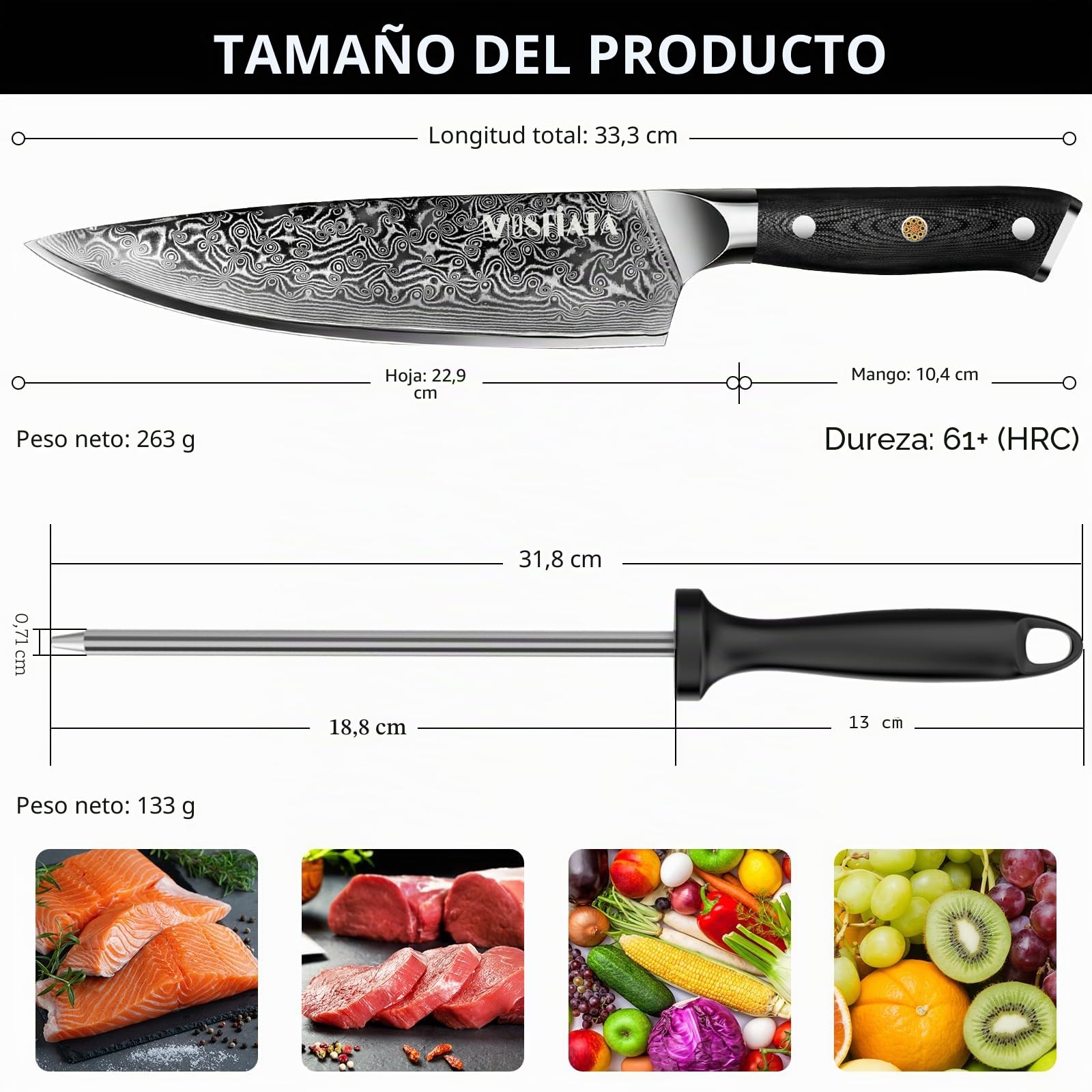 MOSFiATA Cuchillo de Cocina Damasco, 20cm Cuchillo Chef de Acero Damasco de 67 Capas con Mango de Material G10 y Afilador de Cuchillos