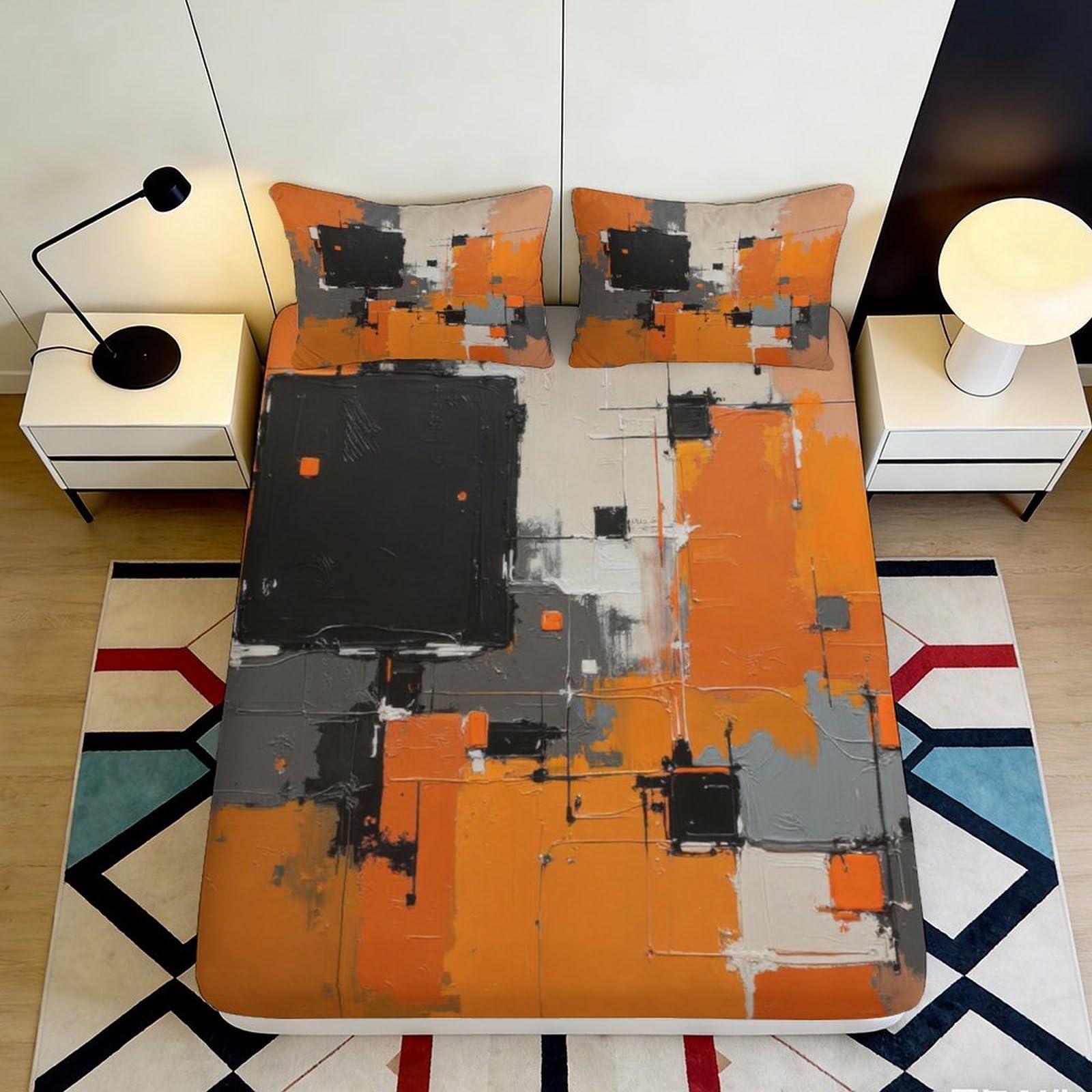 3D Printed Abstract Orange Black Fitted Sheet Microfiber Soft Breathable Geometric Bed Cover Mattress Protection for Bedroom Dorm Guest Use 200x200x25cm