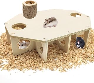 BNOSDM Multi-Chamber Hamster Hideout Maze Wood Multi-Room Hide Hut with Cover Mice Secret Peep Shed Wooden Dwarf Hamsters House Tunnel Exploring Toys Habitat Décor for Gerbils