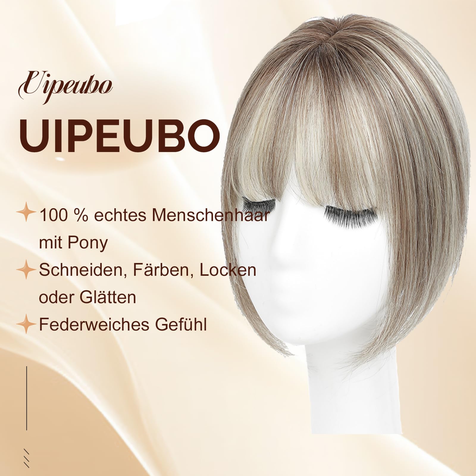Echthaar-Topper für Frauen, Natürliche Echthaar Haarteile bei dünnem Haar, Damen Topper mit Pony, 10 Zoll zur Abdeckung grauer Haarpartien (Ombre Light Brown with Blond Highlight)