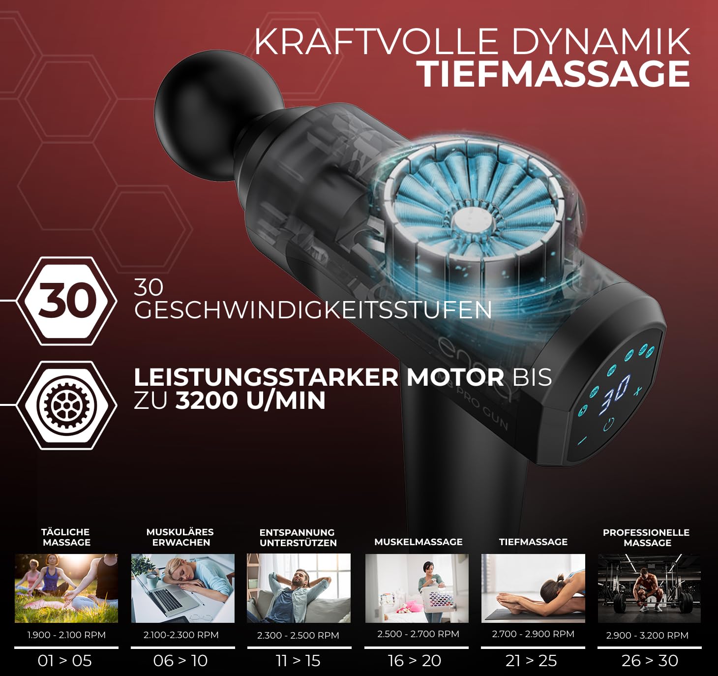 ENOA M8 PRO Massagepistole – Tiefengewebemassagegerät mit 30 Geschwindigkeiten, 6 Aufsätzen, Leisem Betrieb, USB-C, LCD-Touchscreen und Tragetasche | Tiefengewebemassagegerät, 30 Geschwindigkeiten, 6 Aufsätze, Usb C, Lcd Touchscreen, Mit Tragetasche, Leis