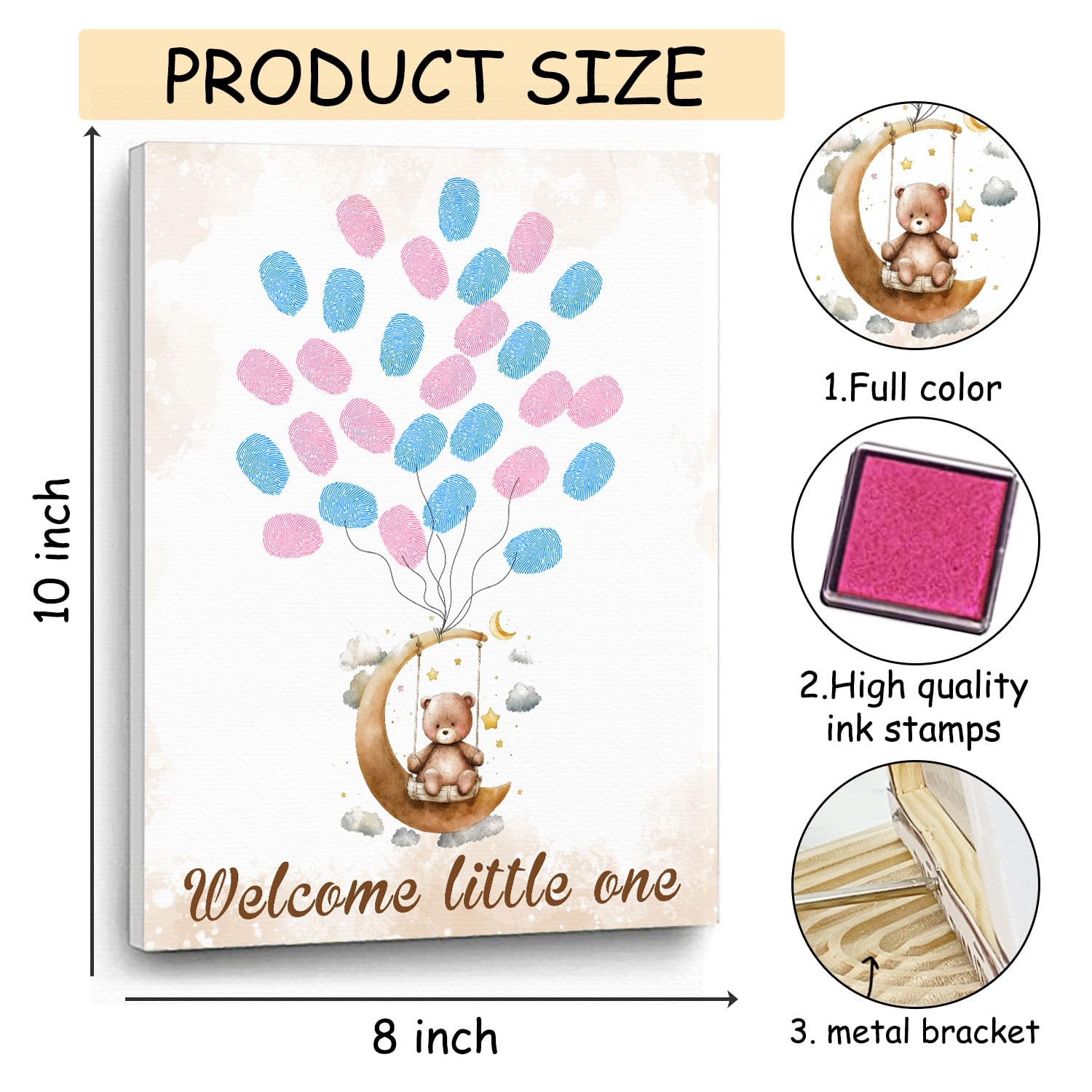 BirDerr Gender Reveal Party Fingerprint Tree Sign, a Baby Shower Guest Book,Woodland Baby Shower Guest Book,Moon Bear Theme Canvas Baby Shower, Gender Reveal Keepsake