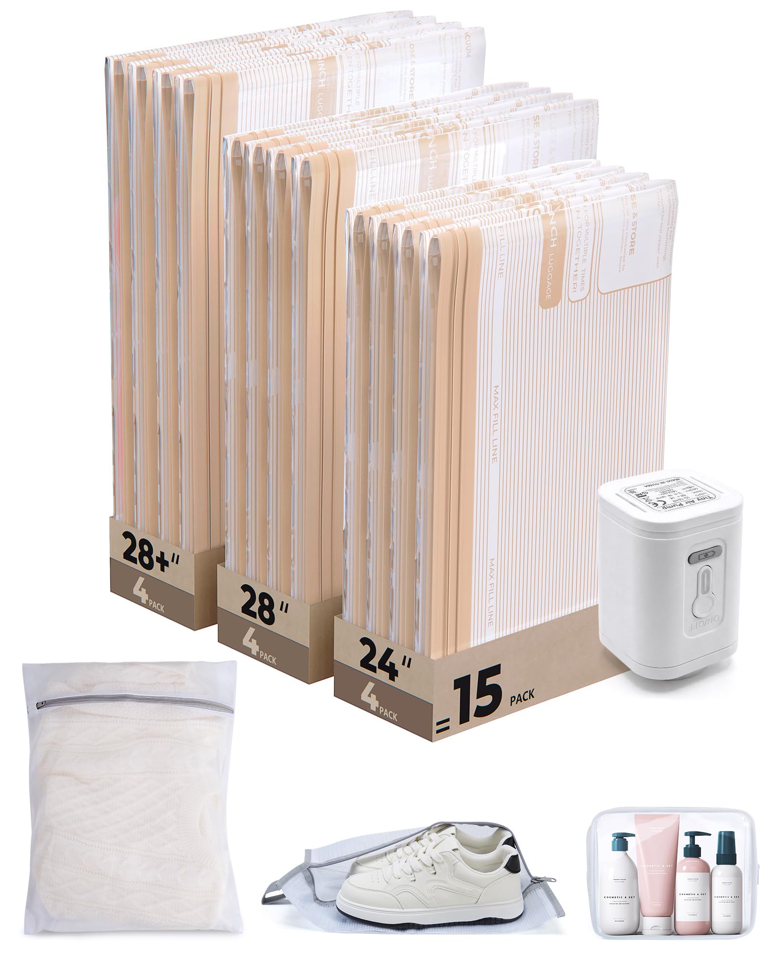 BAGSMART Vacuum Storage Bags with Wireless Electric Pump, 15 Pack Reusable Vacuum Pack for Clothes Airtight for Space Compression Saver Seal Bags for Travel Home,Khaki