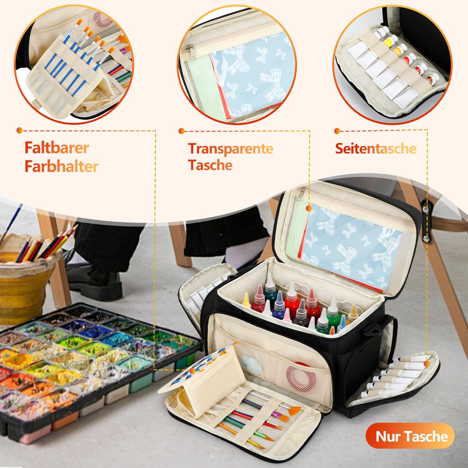 Acrylfarben-Organizer Tasche – Künstler-Aufbewahrung für Malutensilien, Tragbare Pinseltasche & Art Tote Bag, Wasserabweisend mit Fächern für Pinsel, Farben & Zubehör (Nur Tasche)