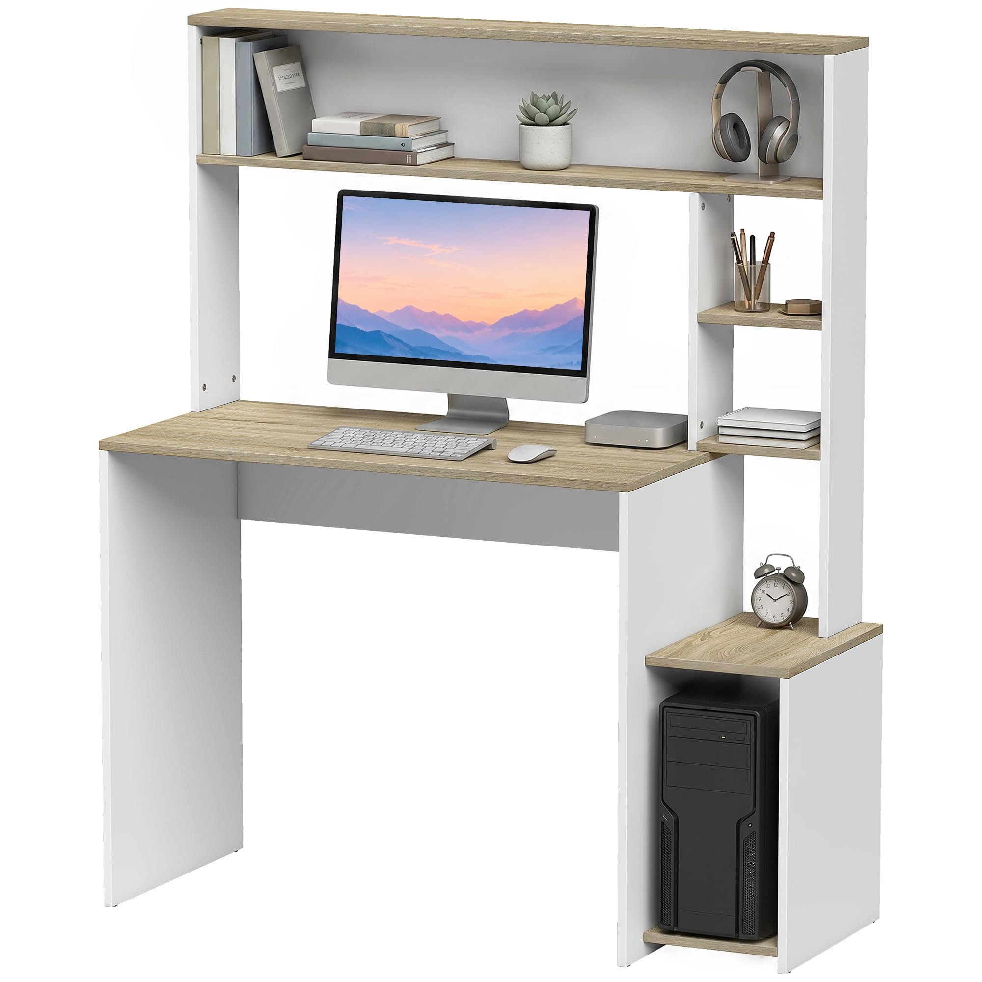 HOMCOM Bureau avec Rangement 114 x 45 x 138 cm Blanc et Bois Naturel