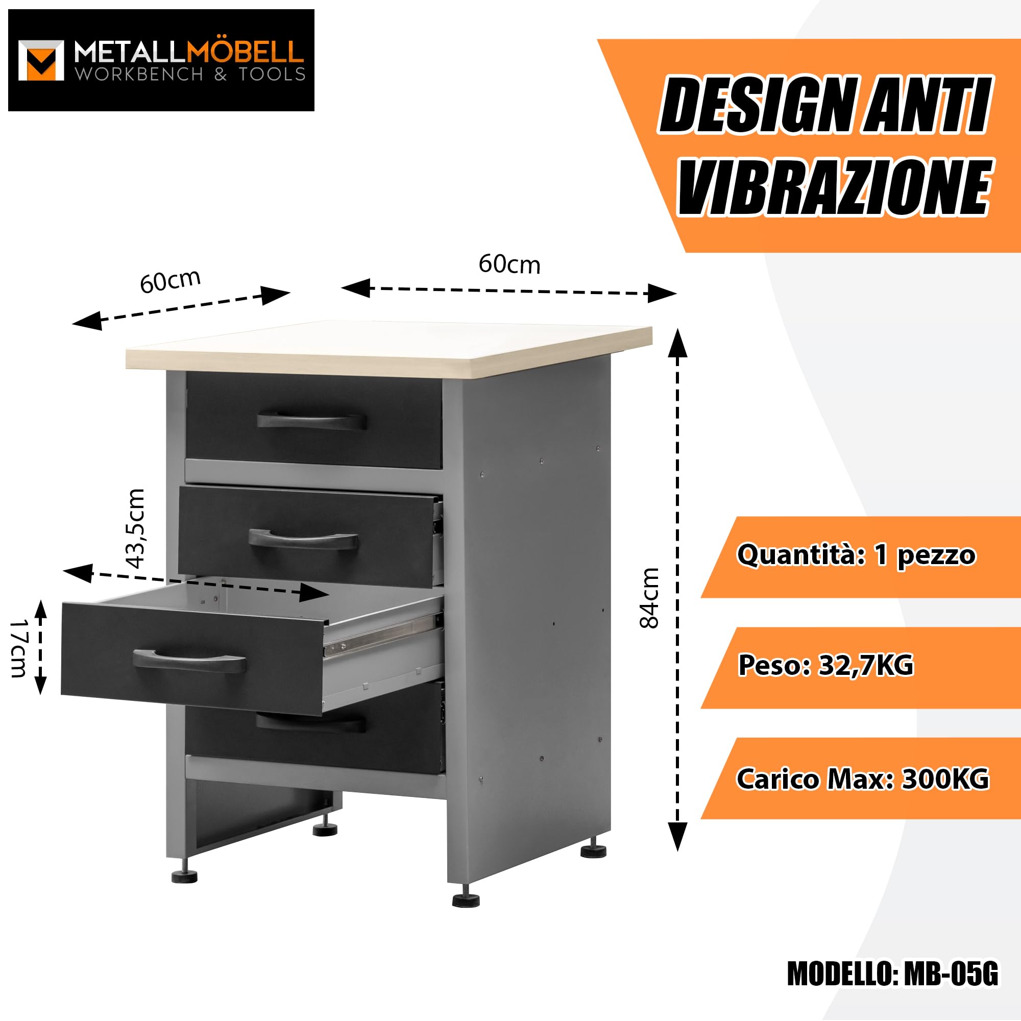 METALLMOBELL - Banco da Lavoro Officina | 60x60x84cm, con Cassetti | Tavolo da Lavoro Garage, Banchetto da Lavoro, Banco da Falegname, Banco da Lavoro Garage, Banco Lavoro MB05G