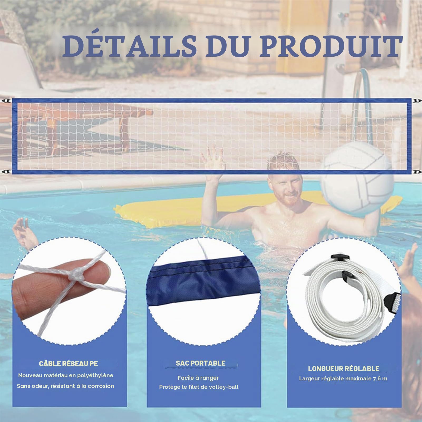 Filet de volleyball pour piscine, jouet de jeu d’eau de volleyball, filet sport réglable de 3 m avec cadre, filet en nylon léger facile à installer, accessoires pour arrière-cour, jardin, plage