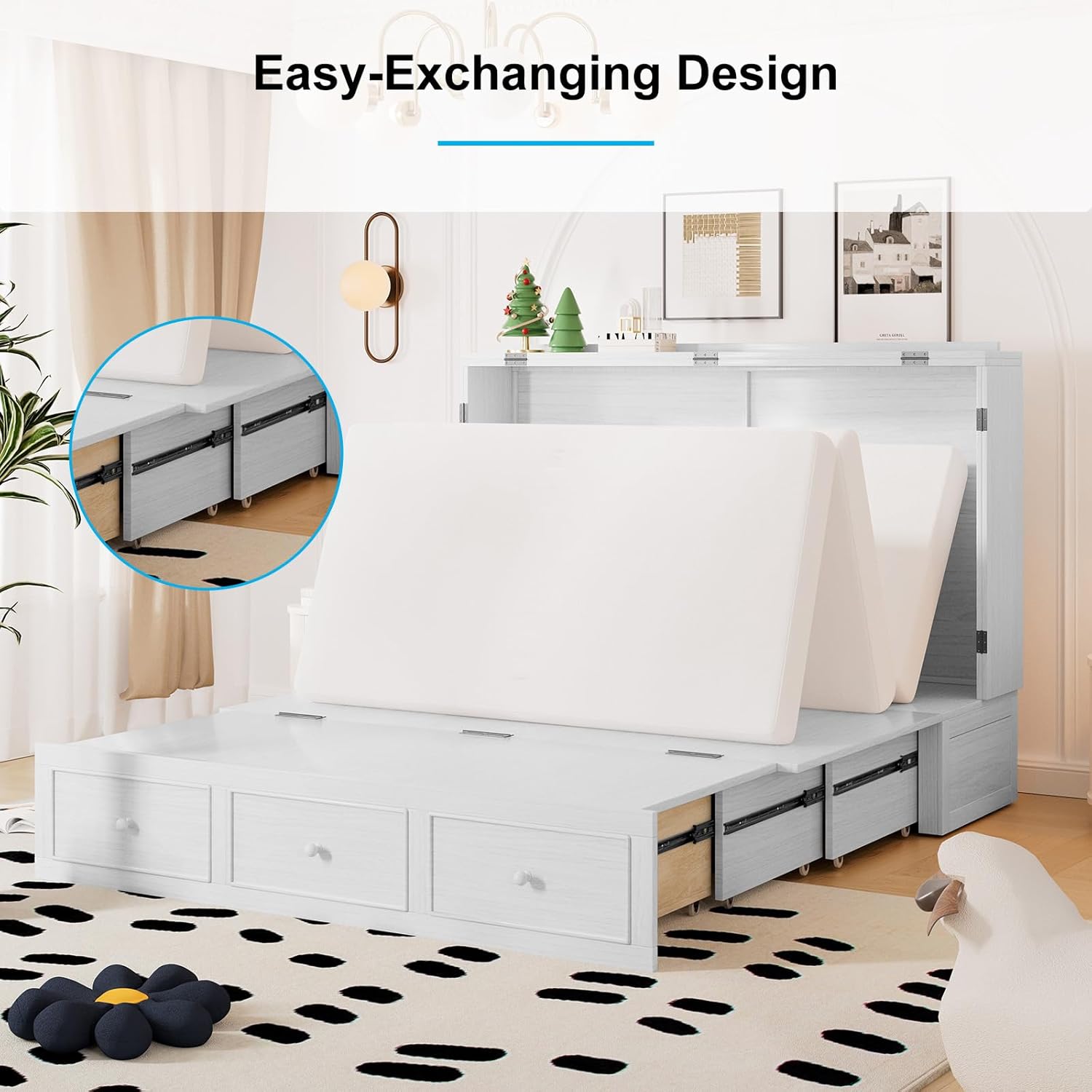 Mjkone Murphy Bed, Cabinet Bed with Tri-fold Mattress, Solid Wood Murphy Bed with USB Ports & Storage Drawers, Folding Wall Hidden Bed for Bedroom,Guest Room - Queen, White