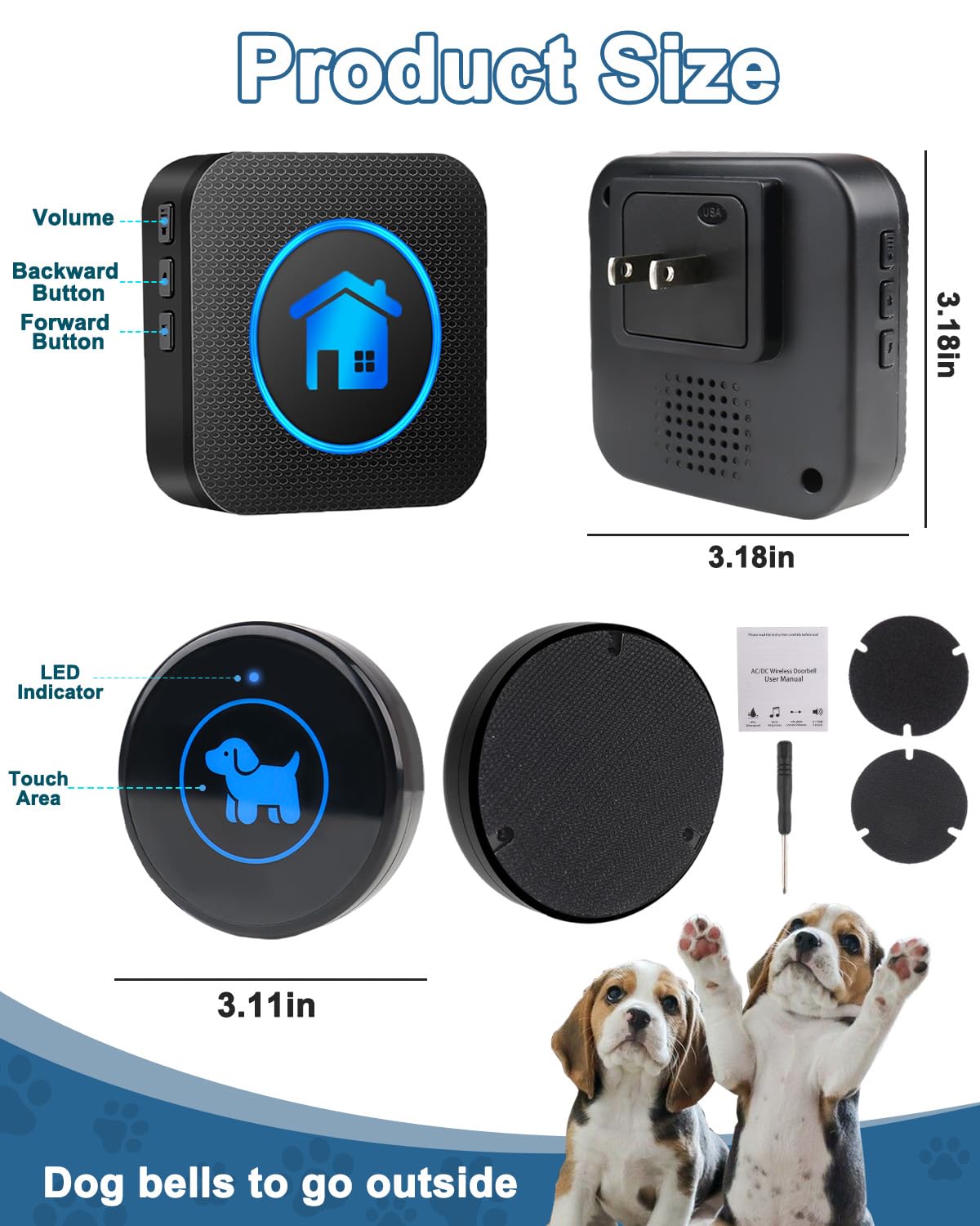 Timbres inalámbricos para perros para entrenamiento de orinal, campanas de perro para salir, rango de 1000 pies, botón impermeable, 55 melodías y 5 modos de notificación (3 botones)
