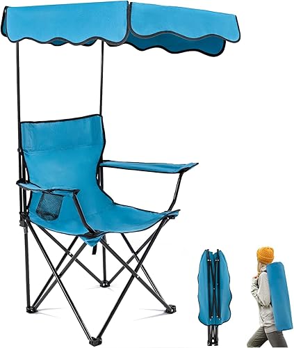 rotinyard Silla de camping plegable con toldo para adultos, sillas de playa portátiles con soporte para paraguas de 330 libras, silla de césped