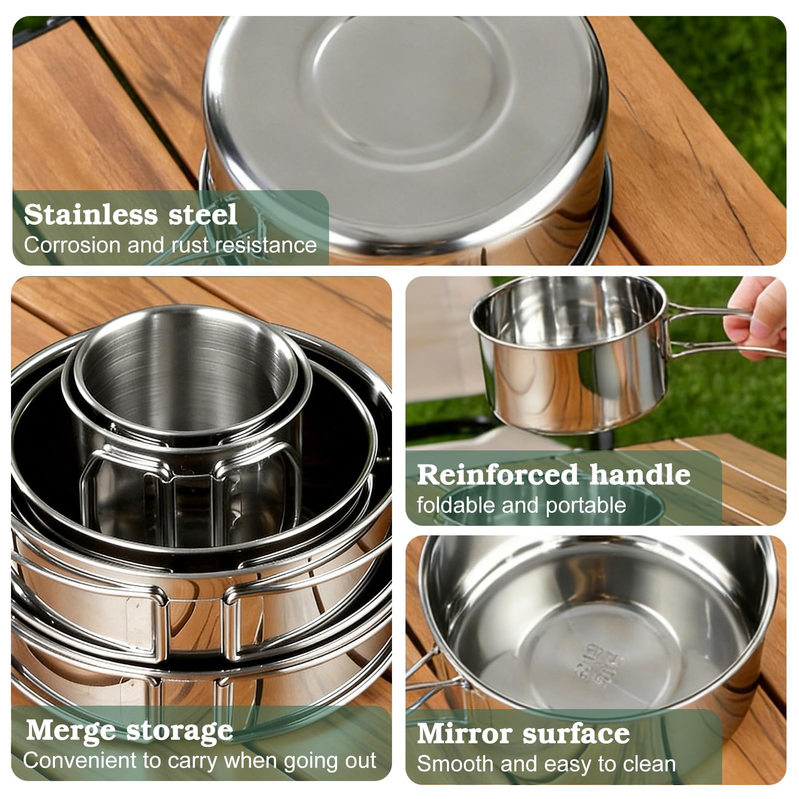 Camping Kochgeschirr Set, 5-teiliges Edelstahl Camping Kochset, Camping Kochtopf, Kochgeschirr Kochset mit Deckel und Griff, Faltbar Und Stapelbar, Outdoor Camping Topf für Wandern Picknick,Reisen
