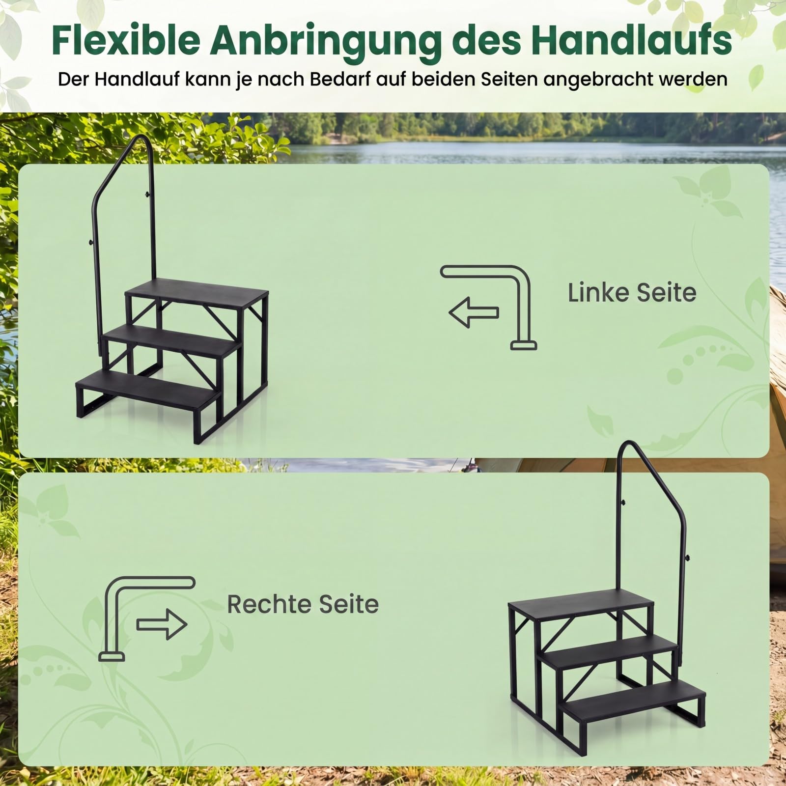 GYMAX 3-stufige Wohnmobil-Stufen, Wohnmobil-Treppe mit Handlauf & breite rutschfeste Plattform, tragbare Trittstufe aus Metall bis zu 300 kg belastbar, Outdoor Stufenleiter für Whirlpool & Veranda