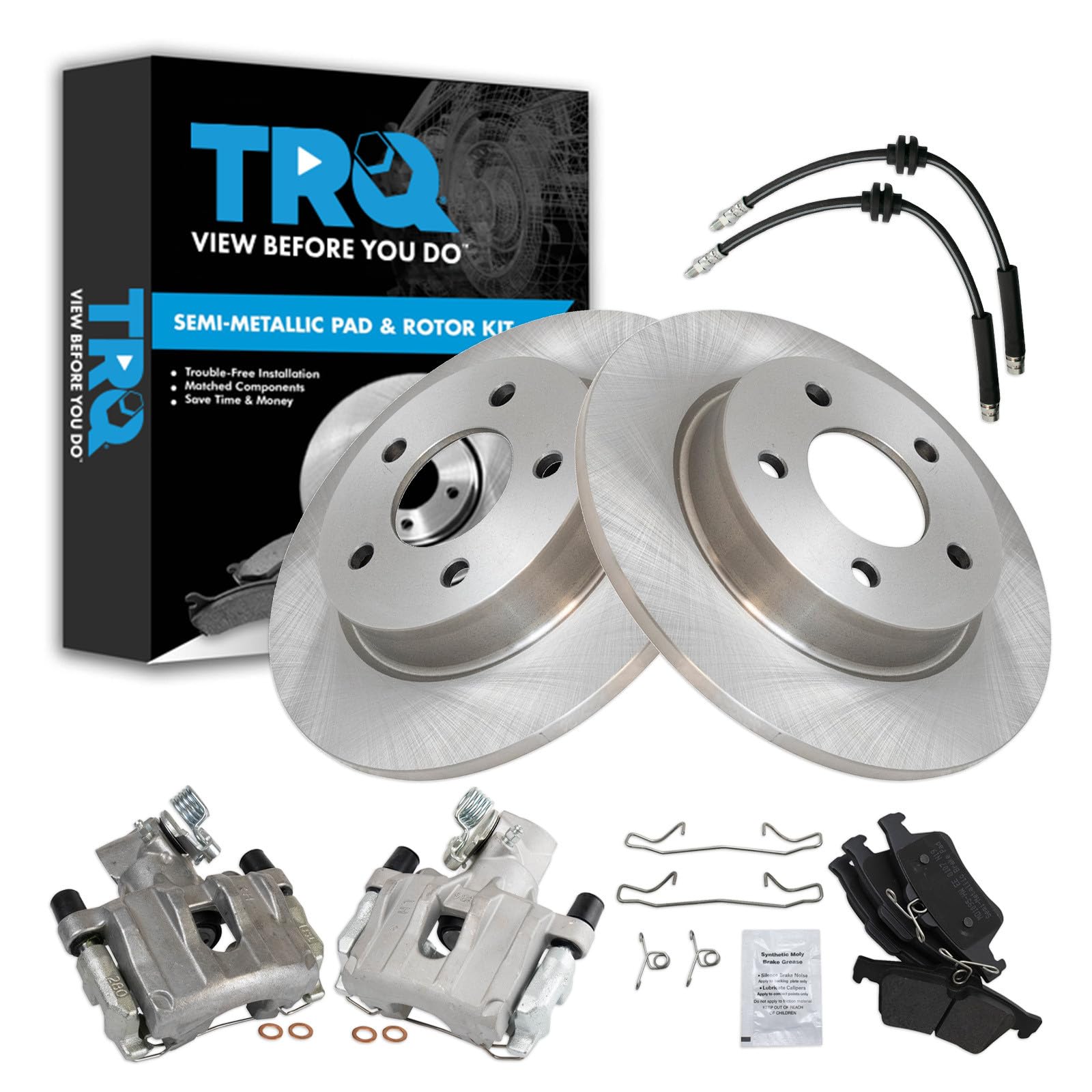 TRQ Rear Brake Pad and Rotor Set Semi Metallic Calipers Compatible with 2006-2008 Mazda 3