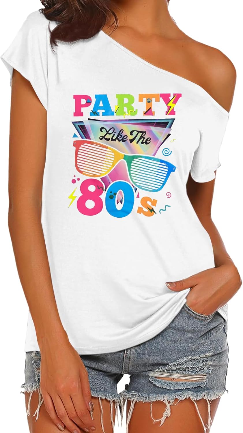 80s Outfit for Women 80's Retro Theme Party Shirts Vintage Disco Outfits 1980s Clothes 90s Neon Off Shoulder Tops - Image 5