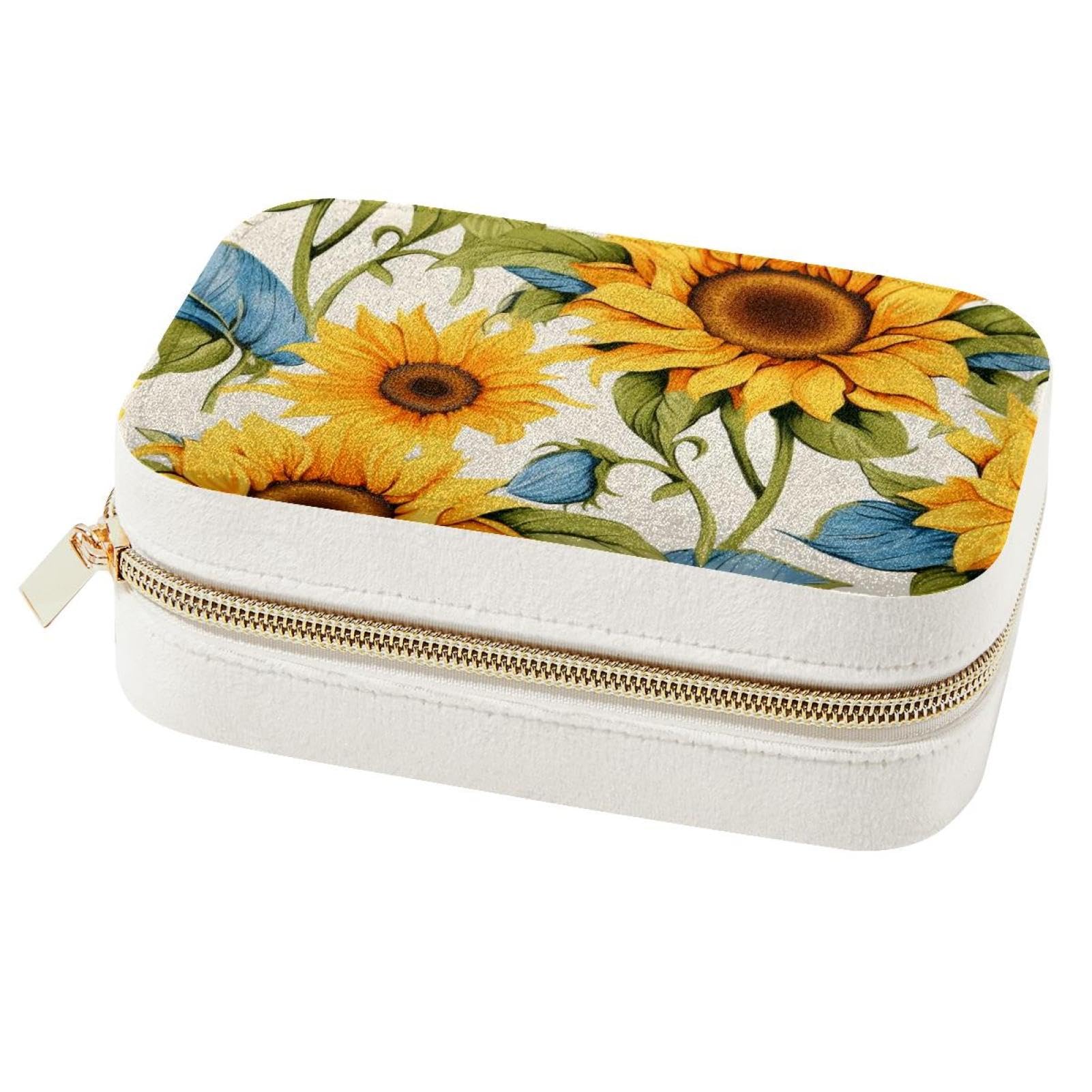 Boîte à bijoux tournesol contre les colliers emmêlés : rangement portable feuille bleue