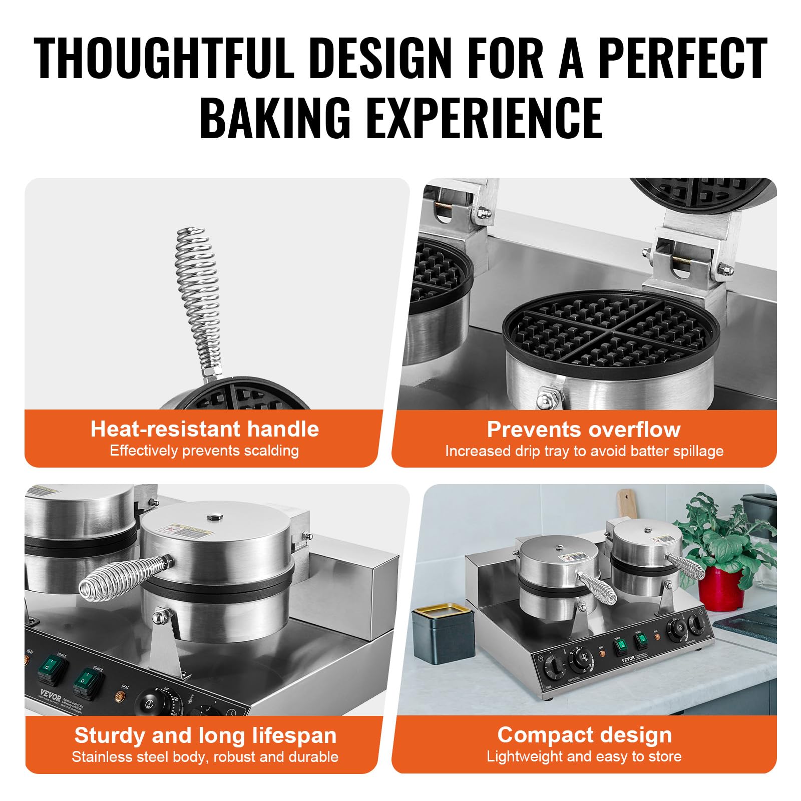VEVOR Gaufrier Commercial 2460 W, Appareil à Gaufre Ronde à Double Tête, en Acier Inoxydable, Antiadhésif, avec Contrôle de la Température et du Temps, pour Restaurant Boulangerie Snack Bar Famille