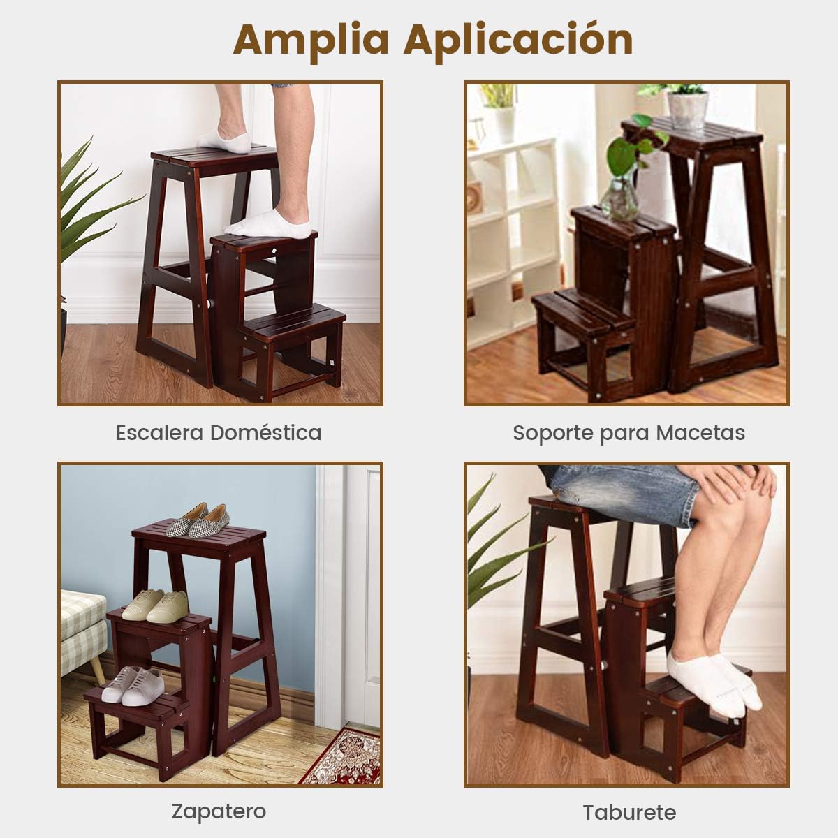 RELAX4LIFE 2 en 1 Taburete Plegable de 3 Peldaños de Madera de Pino, Taburete Escalera Multifuncional con 6 Almohadillas Antideslizantes para Cocina, Dormitorio y Tienda, 38,5x57x66cm (Marrón)