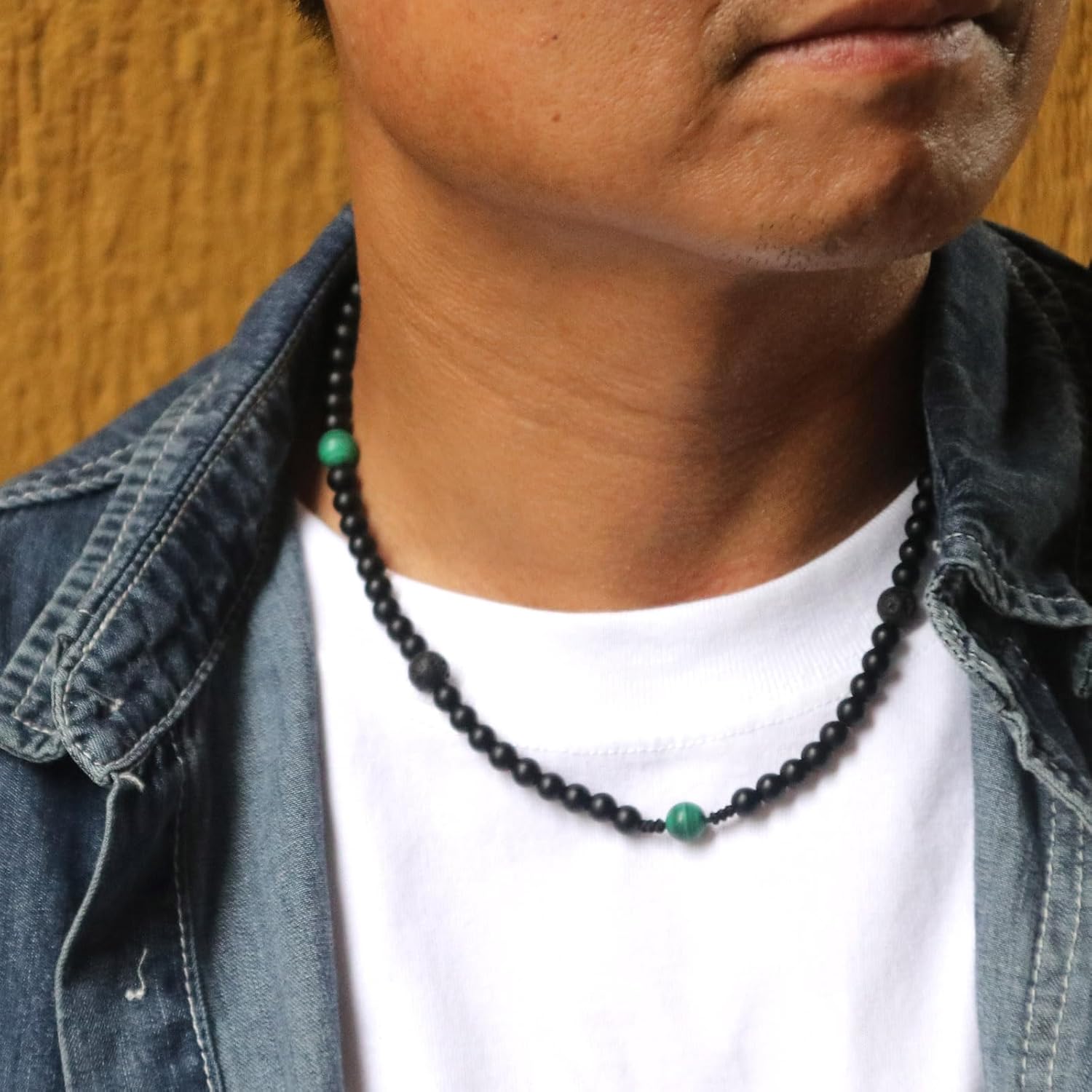 Real Onyx Beads Necklace for Men Black Onyx Lava Rock and Malachite Crystals Beaded Necklace, Handmade Essential Oil Diffuser Necklaces Jewelry Birthday Gifts for Him - Image 2