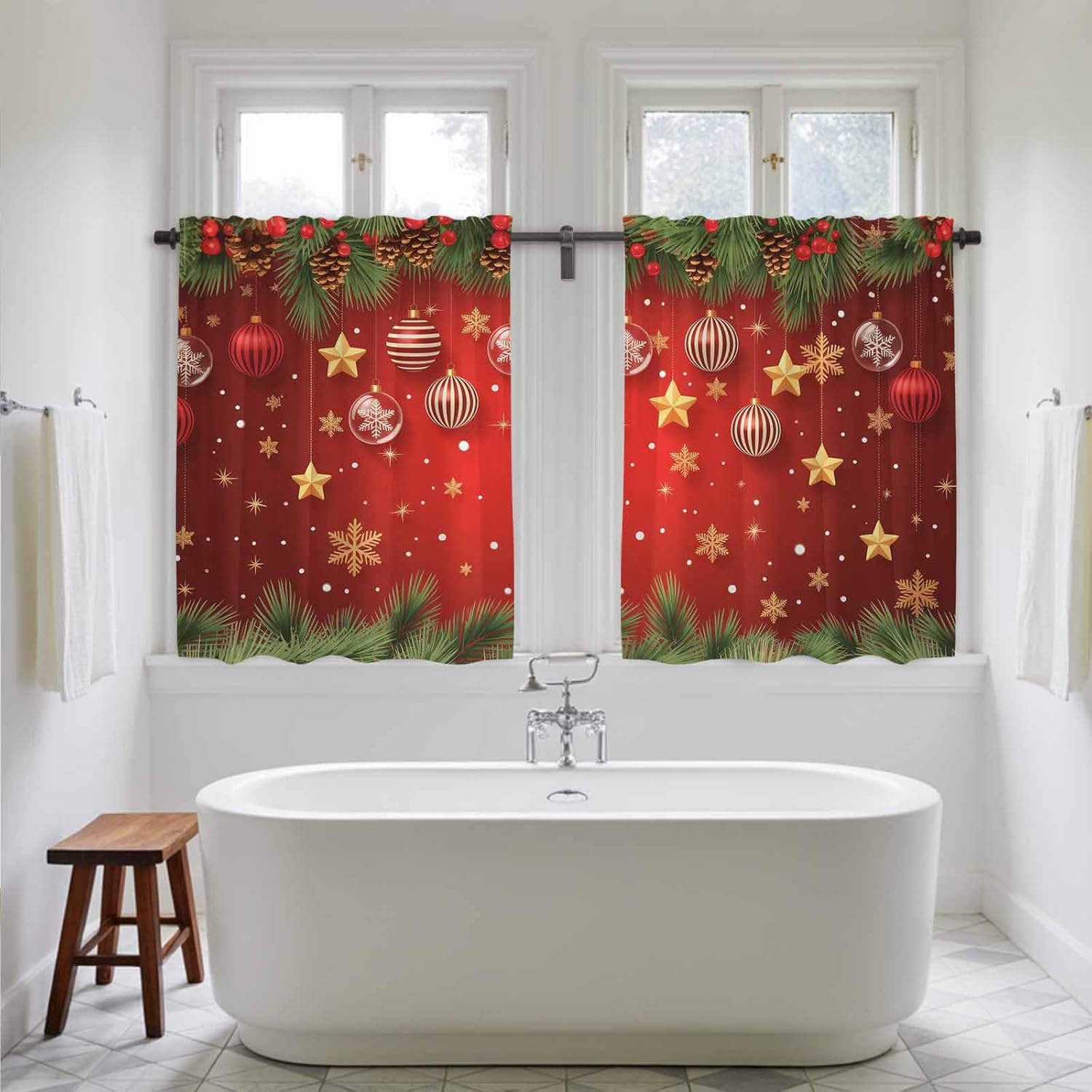 Merry Christmas Kitchen Tier Curtains 45 Inch Long 2 Panel Set,Rod Pocket Short Window Treatment,Red Xmas Balls Star Pine Branch Winter Curtains & Drapes for Bathroom Basement 27.5"W x 45"L