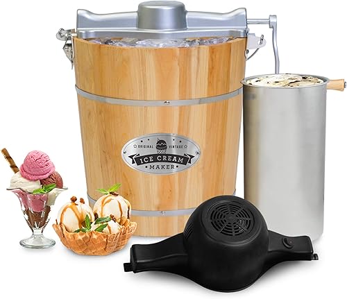 Elite Gourmet EIM402 Old Fashioned - Máquina eléctrica para hacer helados de madera vintage de 4 cuartos de galón, manivela de mano clásica fundida