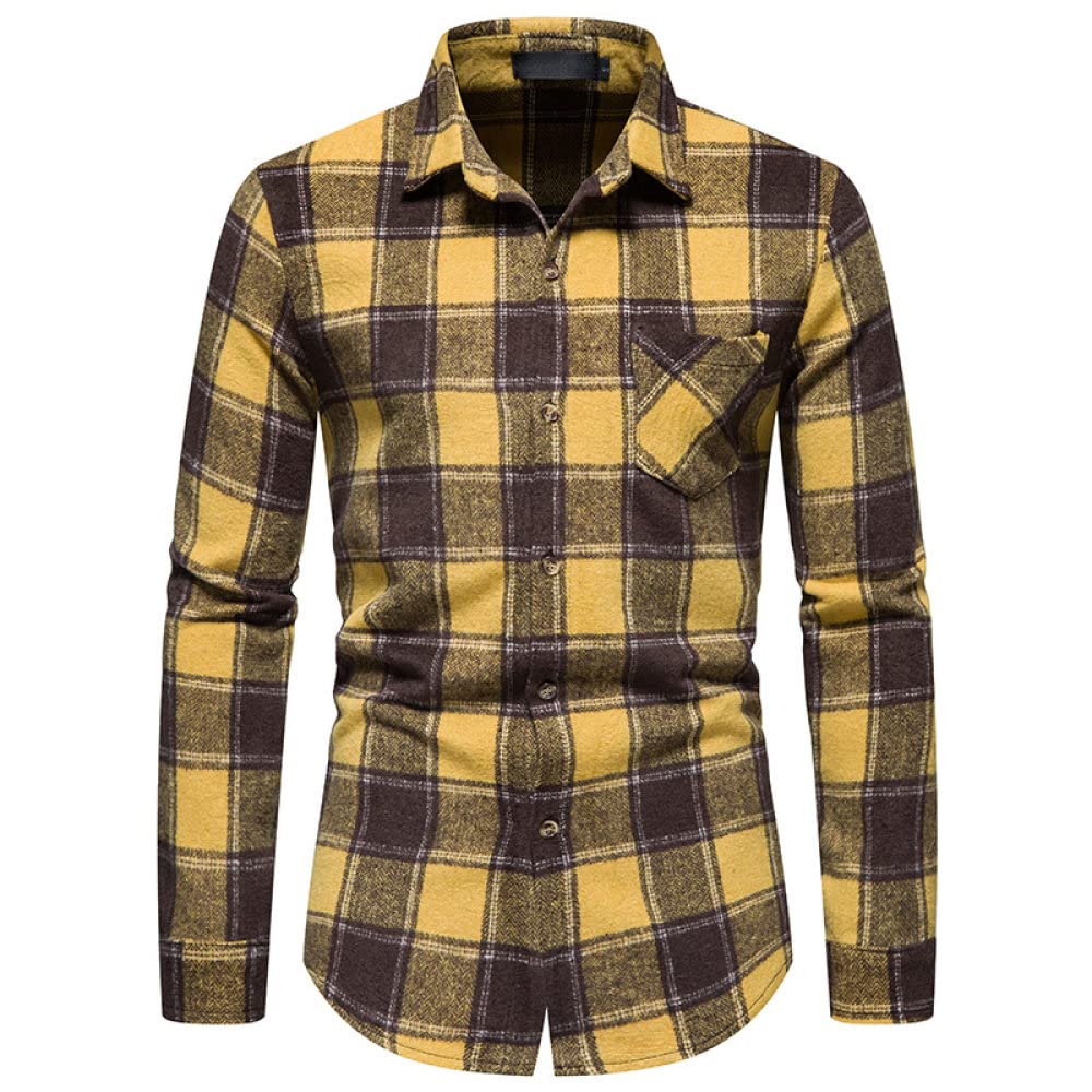 HGJH Herren Flanellhemd, Herren Langarm Flanellhemd Thermohemd Kariert Gelb Hemd Button-Down Baumwolle Holzfäller Bequem Karo Hemdjacke Lässiges Arbeitshemd Für Herren Jungen