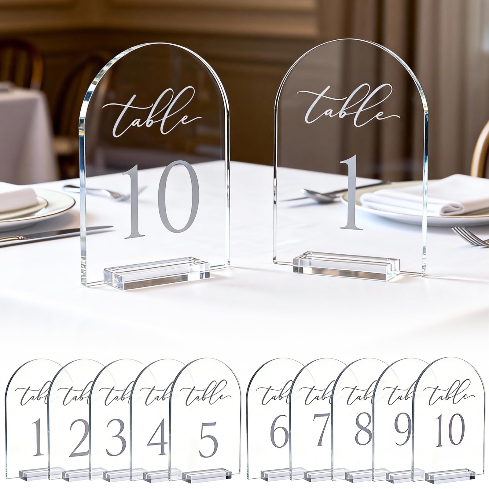 Tischnummern für Hochzeiten mit Ständer, 17,8 x 12,7 cm, transparenter Bogen, Acryl-Tischnummern 1-10, elegante Tischnummern mit weißer Schrift, für Hochzeiten, Partys, Events, 10 Stück