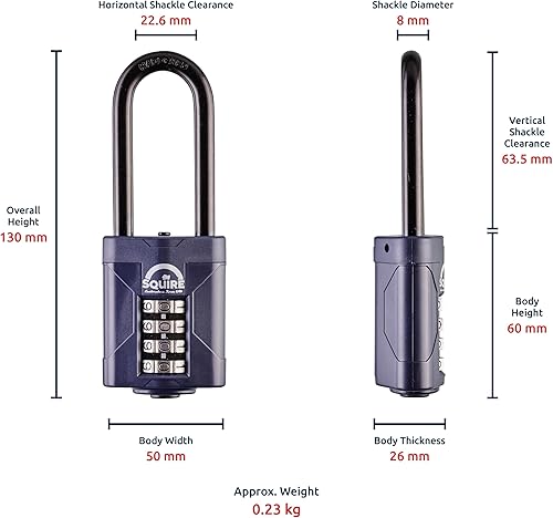 Miniatura 4 de Squire Candado resistente (CP502.5)  Grillete extra largo más resistente  Candado combinado de 4 ruedas  Acero aleado para resistencia a la