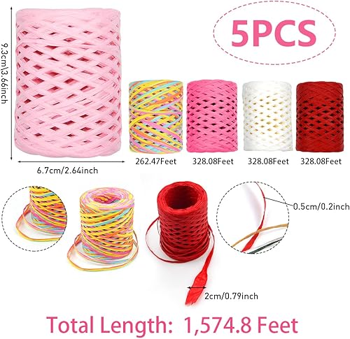 Miniatura 2 de 5 rollos de cinta de rafia natural de 1574 pies cinta de papel de colores para decoración de Navidad día de San Valentín día de la madre