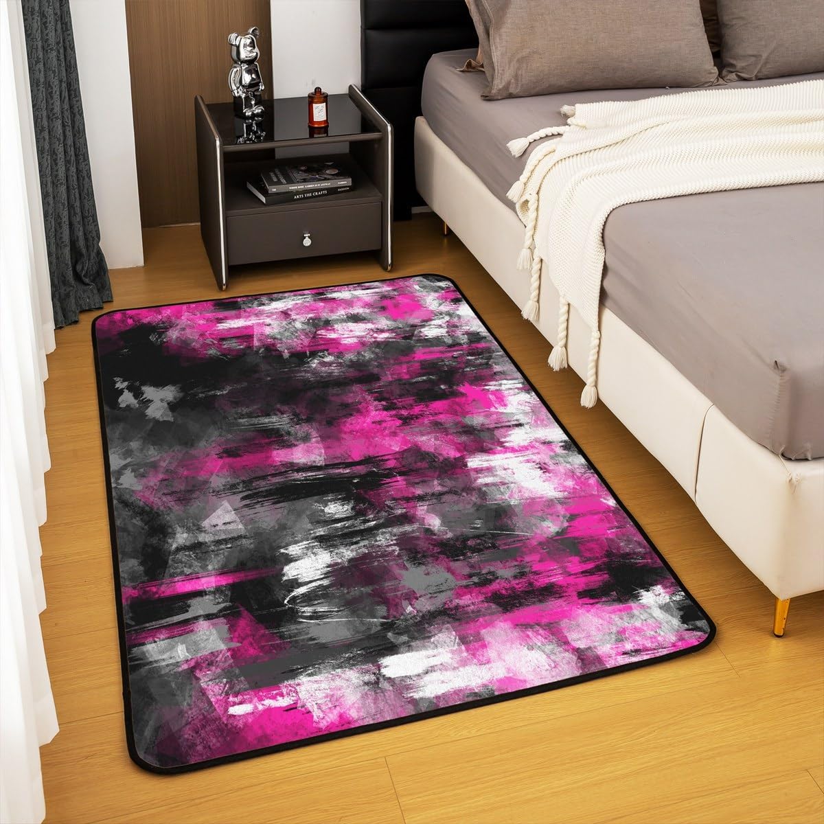 jejeloiu Abstract Geometric Area Rug 5x7 Kids Hot Pink Black Living Room Rugs for Bedroom Teens Modern Art Decor Carpet Breathable Soft Lightweight Room Decor Indoor Floor Mat