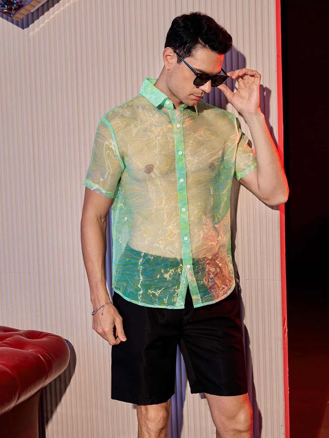 WDIRARA Men's Sheer Ombre Button Down Short Sleeve Organza Party Disco Shirt Top - Image 7