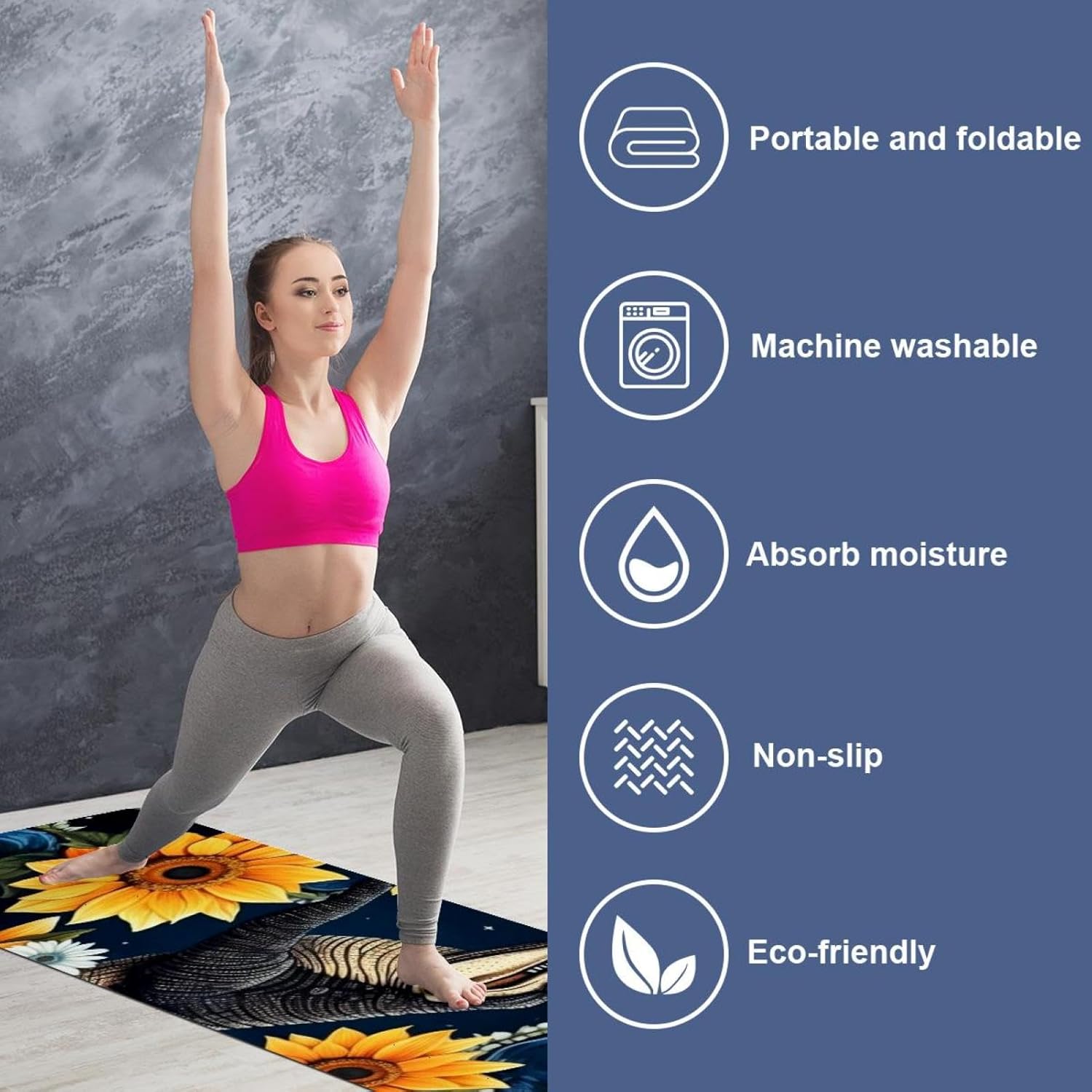 Yoga Towel, Crocodile Star Sunflower Non Slip Sweat Absorbent Hot Yoga Mat Towel for Hot Yoga, Pilates and Fitness - 72.8" x 26.8"