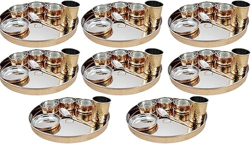 Miniatura 1 de Prisha India Craft Juego de 8 vajilla tradicional de cobre de acero inoxidable de 13 pulgadas de diámetro, platos de Thali, cuencos, vidrio y cuchara