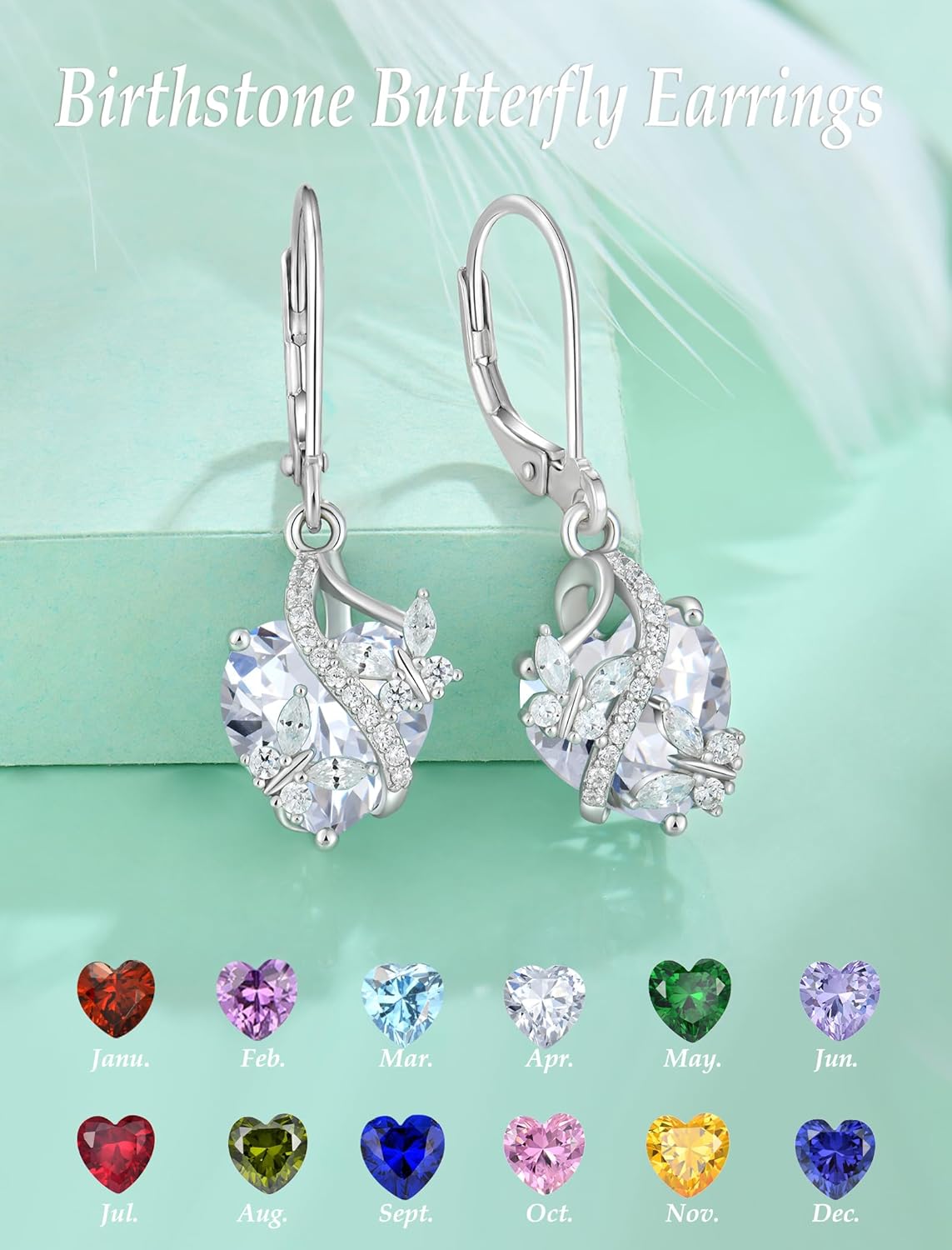 Butterfly Earrings for Women 925 Sterling Silver Heart Earring Birthstone Jewelry - Image 5