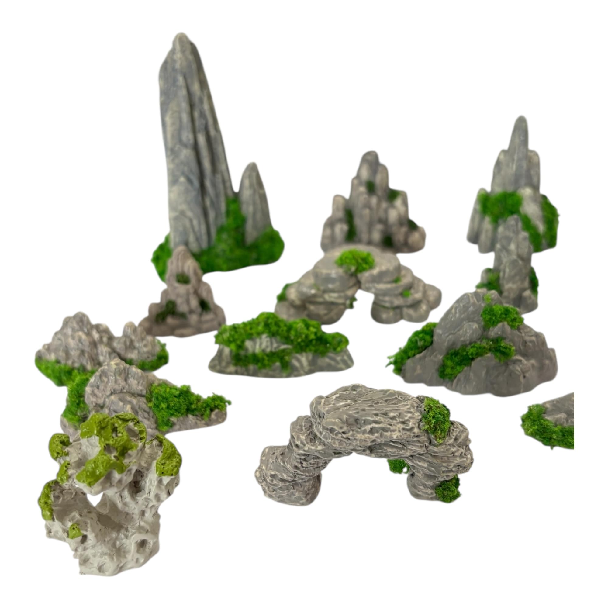 16pcs Rocky Rockery Landscape Miniatures for Fairy Gardens, Terrariums, Fish Aquarium, Grey with Green Moss, Resin, Extra Small Size, Realistic Looking-image-13