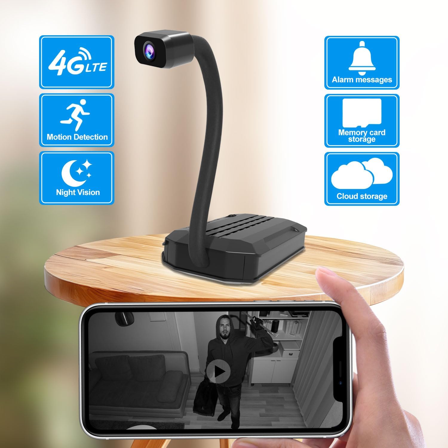 4G LTE Cellular Security Spy Camera, No WiFi Or Mains Power Required (SIM Card Included), 4K HD Mini Surveillance, 170° Wide-Angle View, AI Motion Detection, Night Vision Capability