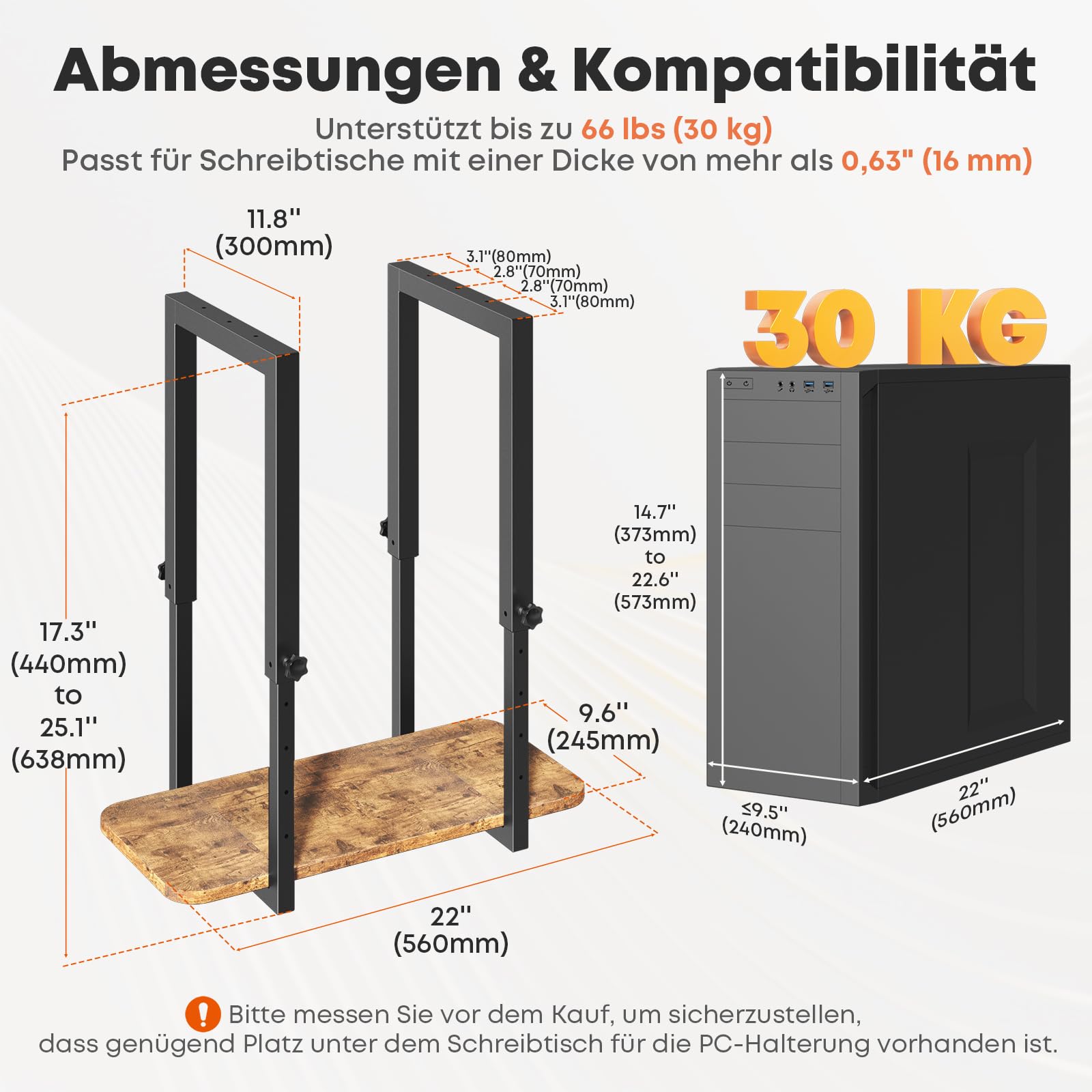 Höhenverstellbare PC Halterung für Untertischmontage, Stabiler CPU Halter für PC Gehäuse, Platzsparende Computerhalterung für Schreibtisch, bis 30 kg belastbar, Schwarz und Vintage Braun