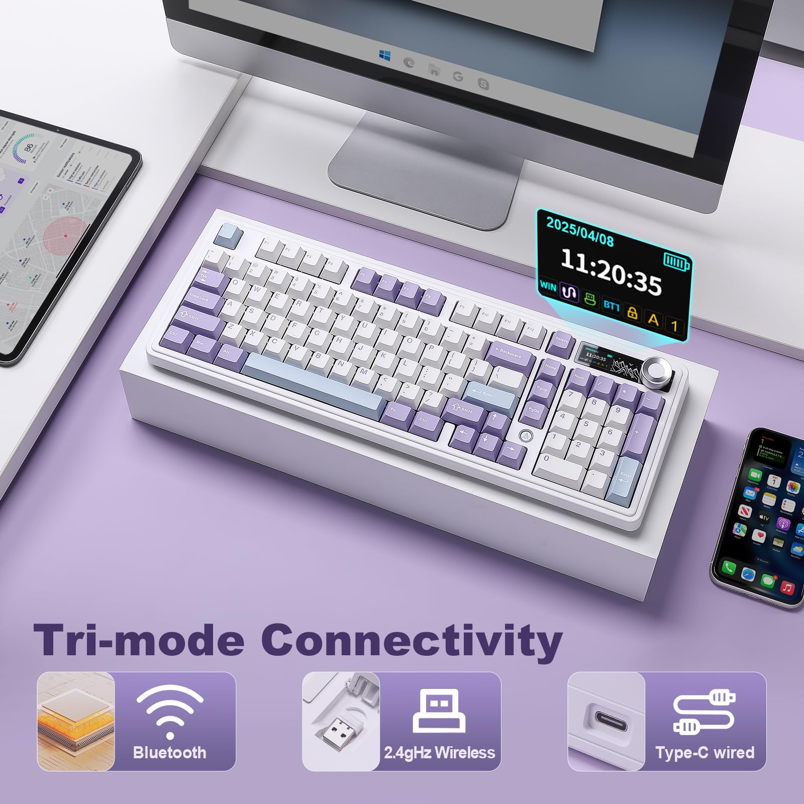 AJAZZ AK980 - Tastiera meccanica con display e manopola intelligenti, tastiera wireless al 98%, Tri-Mode BT/2.4G/USB-C, hot swap, tasti in PBT, con luce RGB per Win e Mac (viola, interruttore