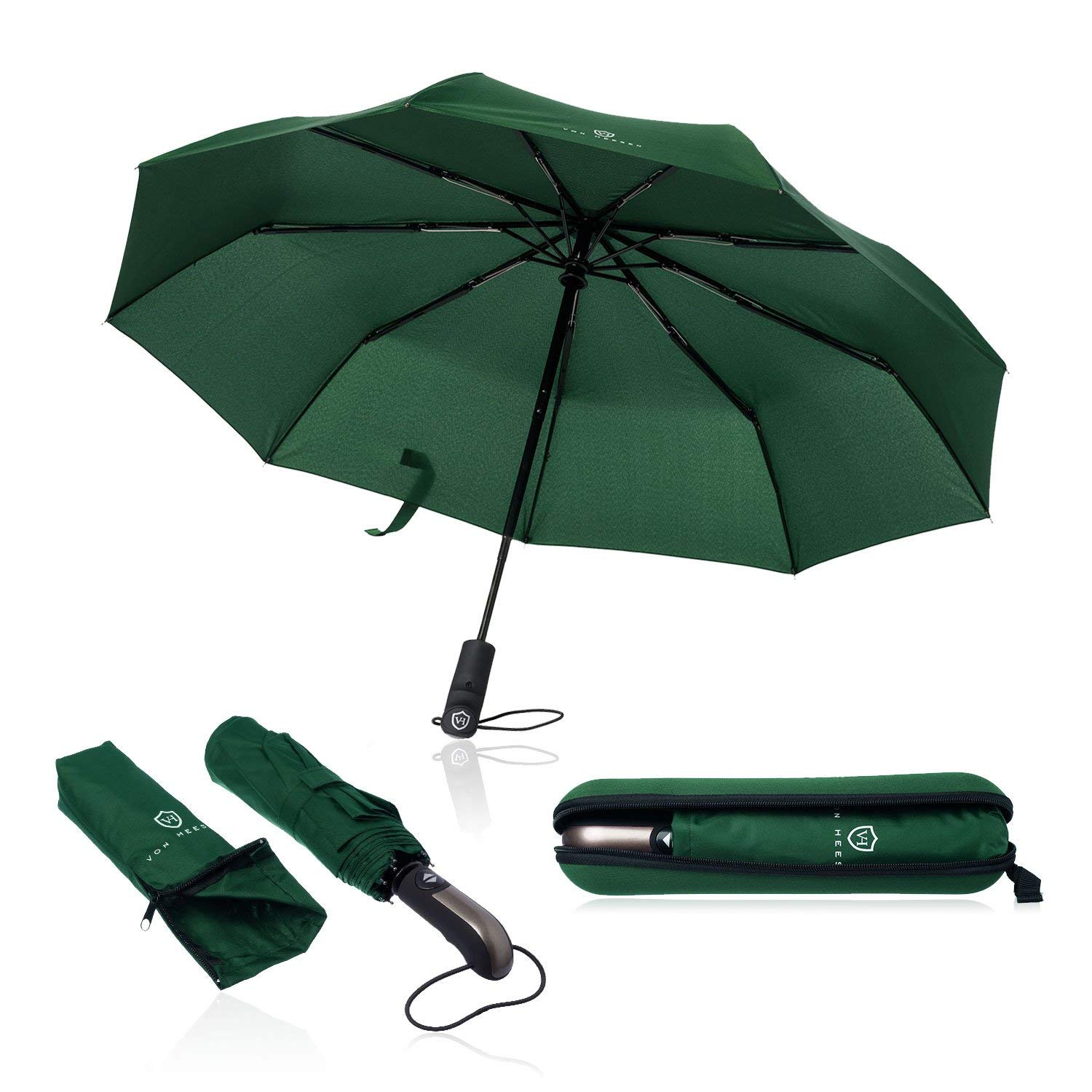VON HEESEN Regenschirm sturmfest bis 140 km/h - inkl. Schirm-Tasche & Reise-Etui - Taschenschirm mit Auf-Zu-Automatik, klein, leicht & kompakt, Teflon-Beschichtung, windsicher, stabil (Grün)